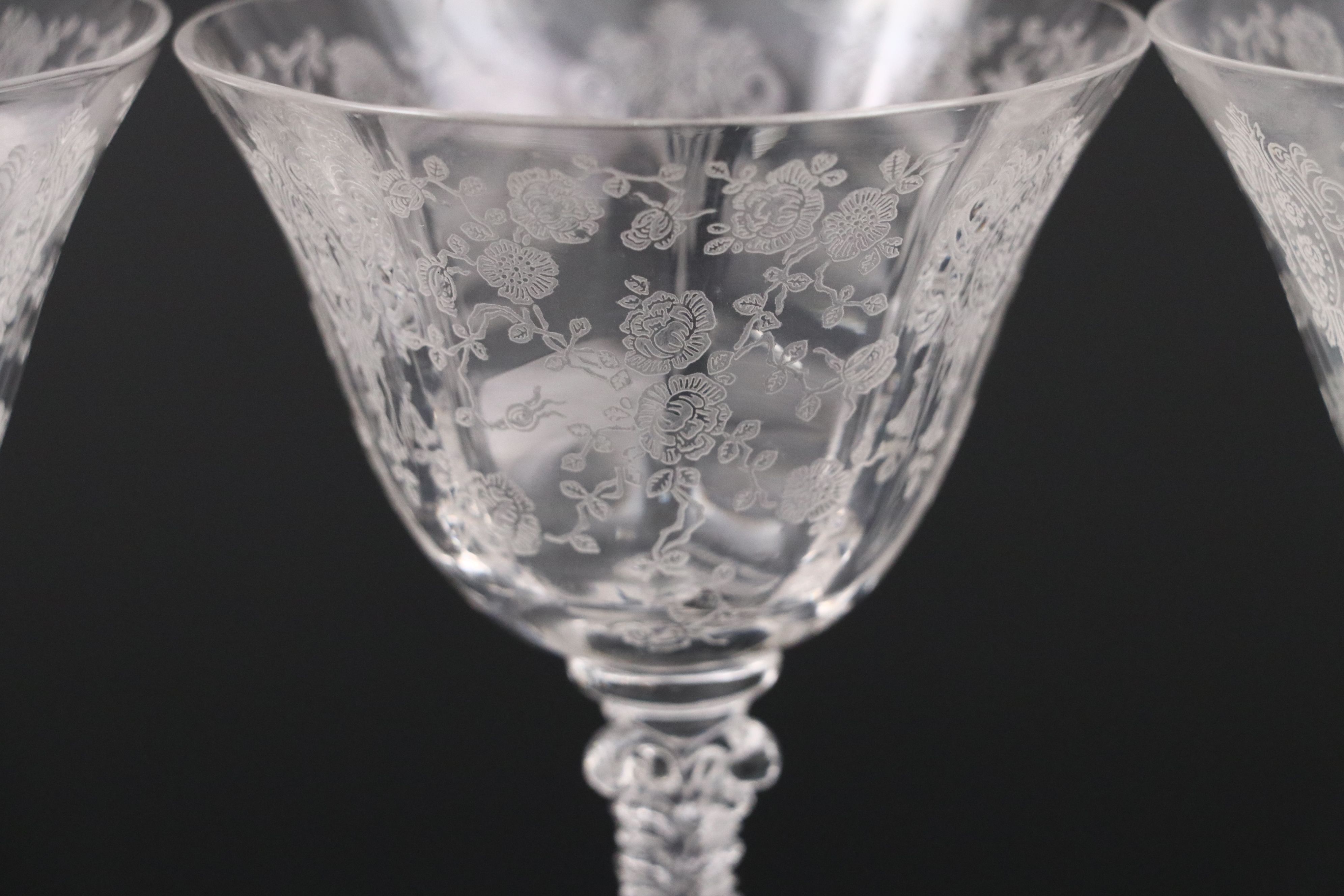 Cambridge "Rose Point" Cocktail Shaker and Liquor Cocktail Glasses, 1934–1958