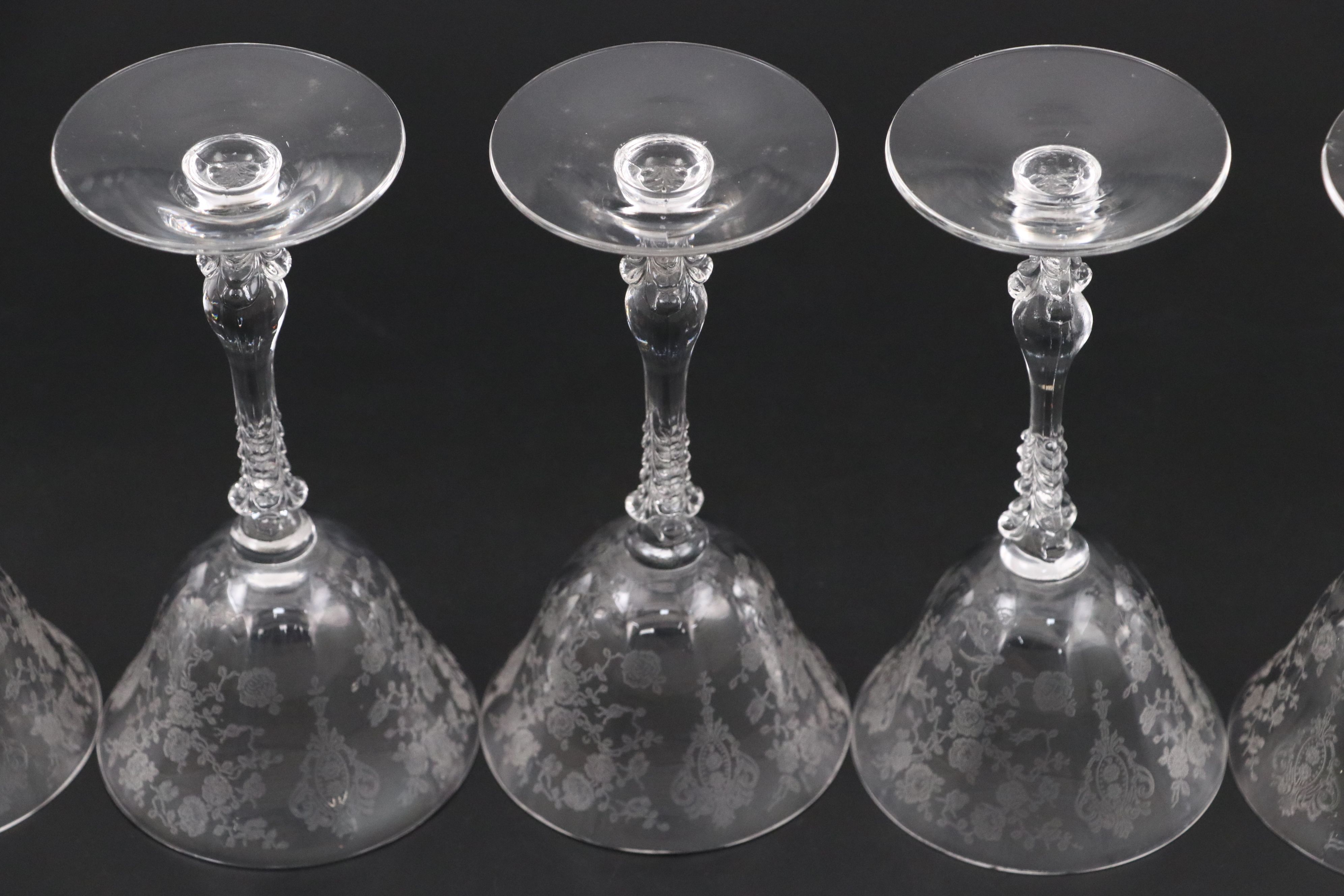Cambridge "Rose Point" Cocktail Shaker and Liquor Cocktail Glasses, 1934–1958