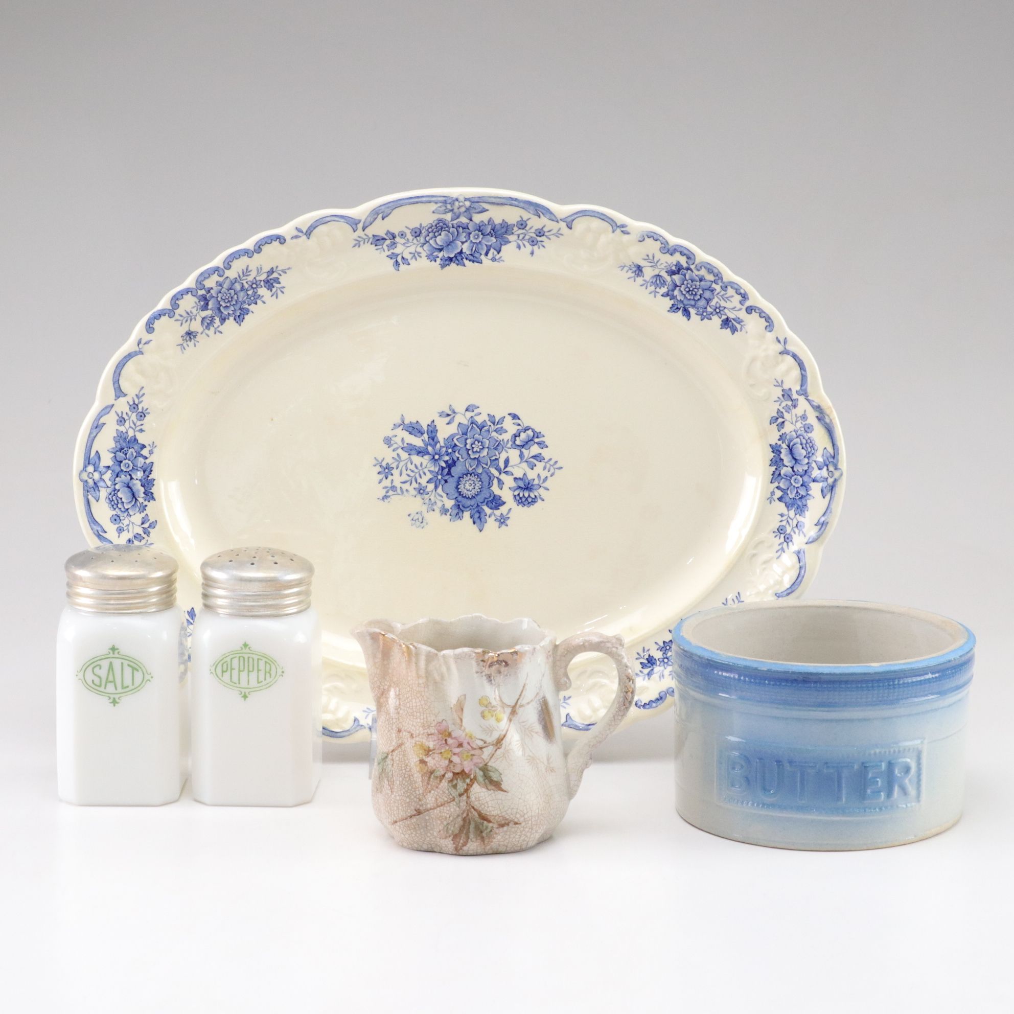 Milk Glass Salt & Pepper Shaker with Serving Platter & More