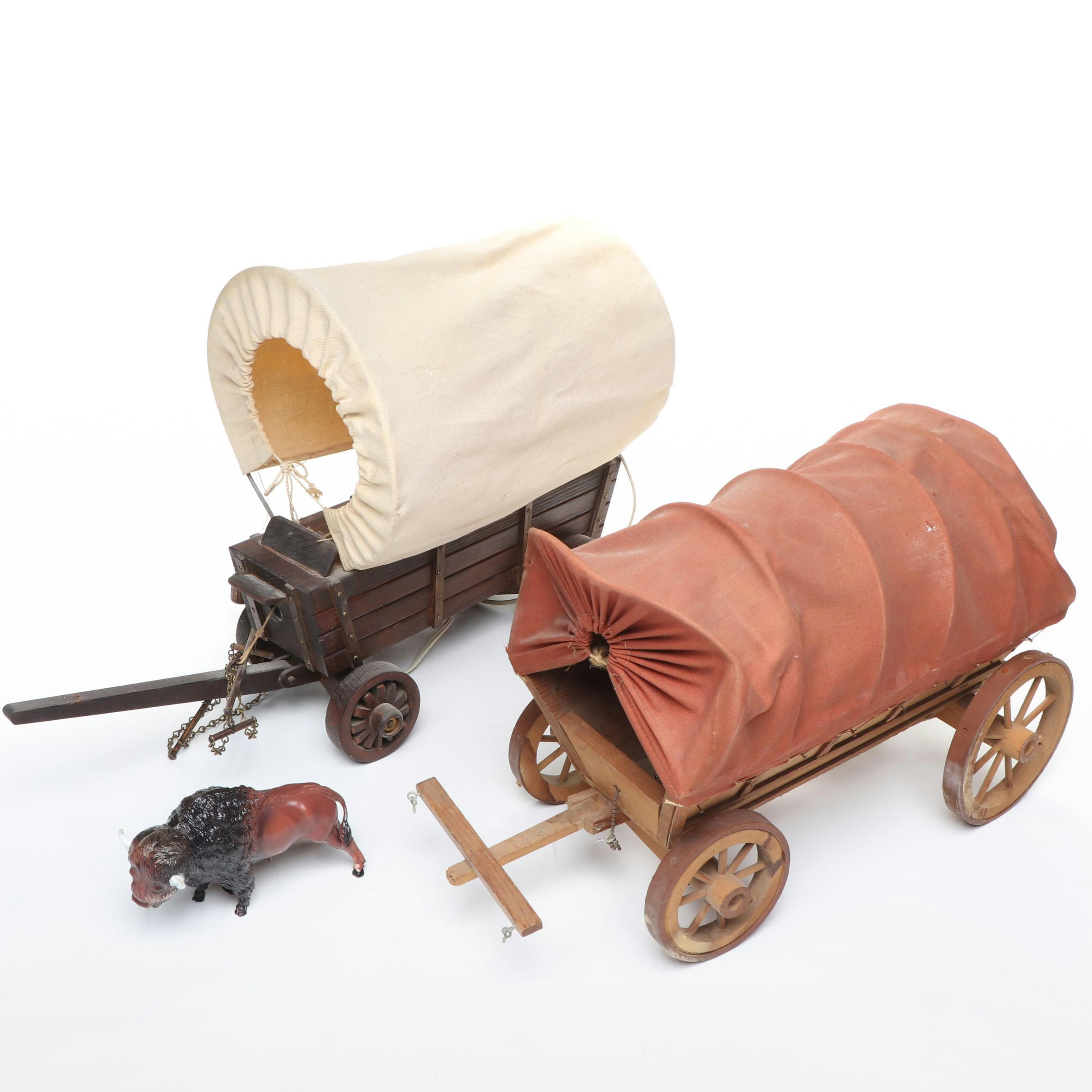 Handmade Conestoga Wagon Lamps with Bison Figurine