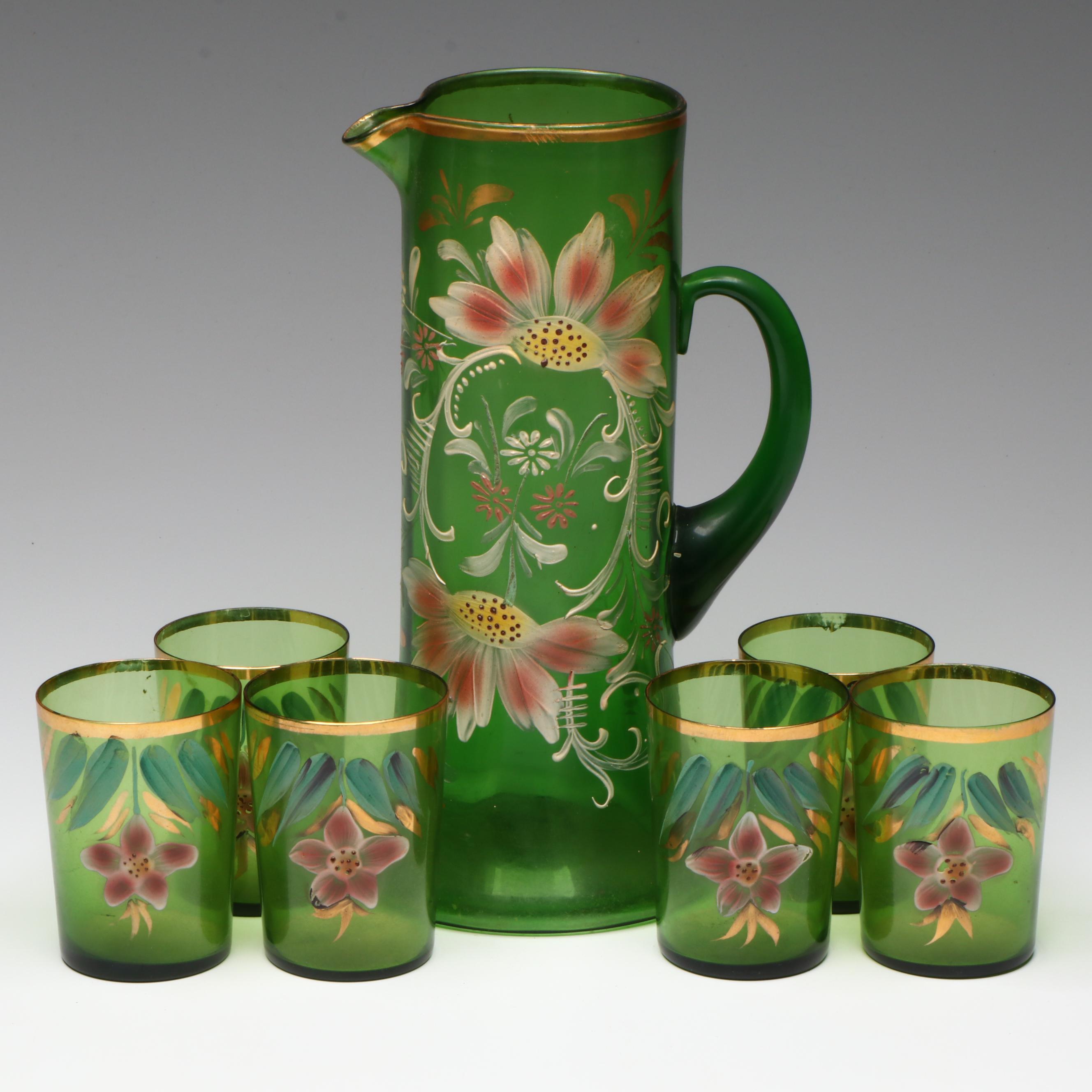 Northwood Green Gilt Hand-Painted Pitcher and Tumblers