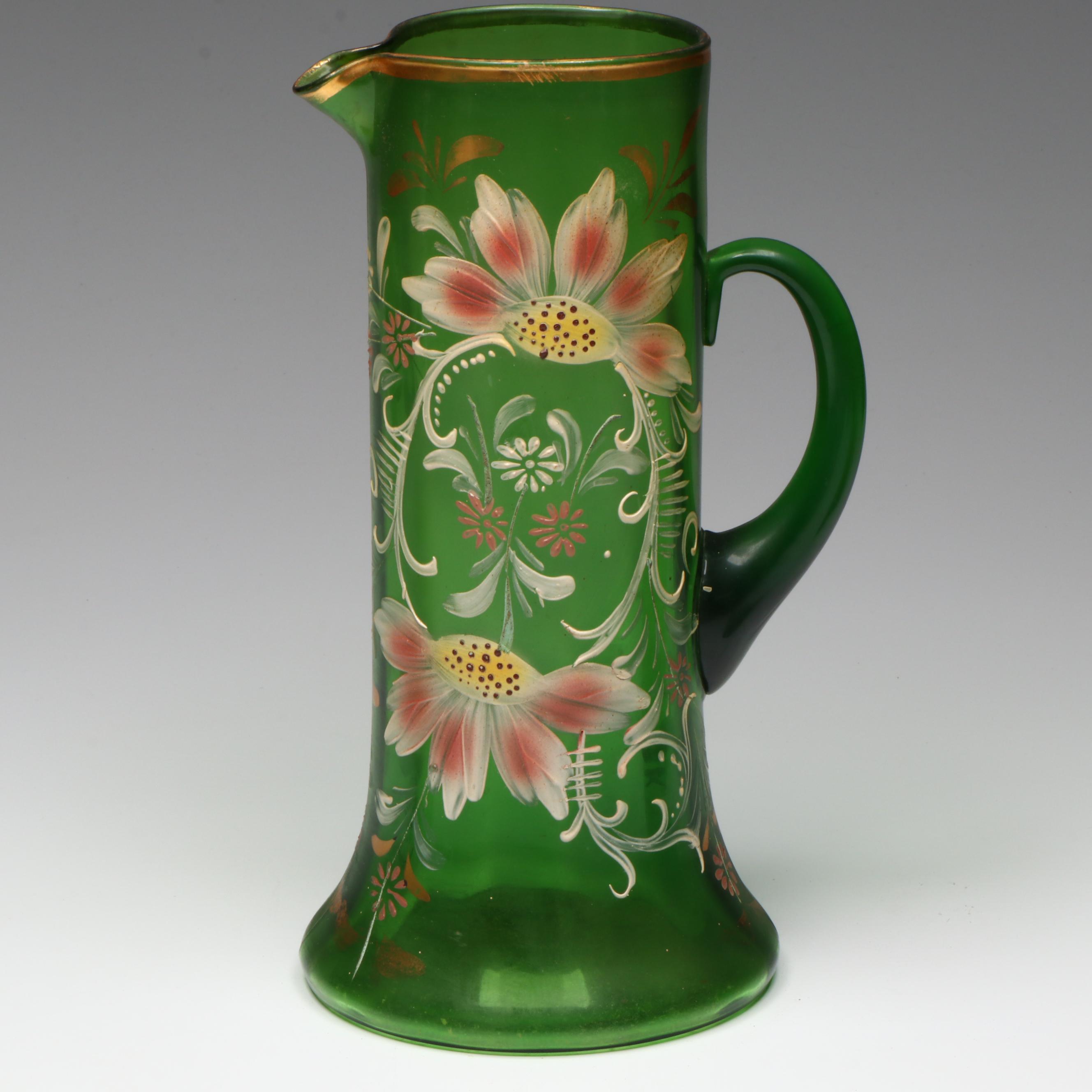 Northwood Green Gilt Hand-Painted Pitcher and Tumblers