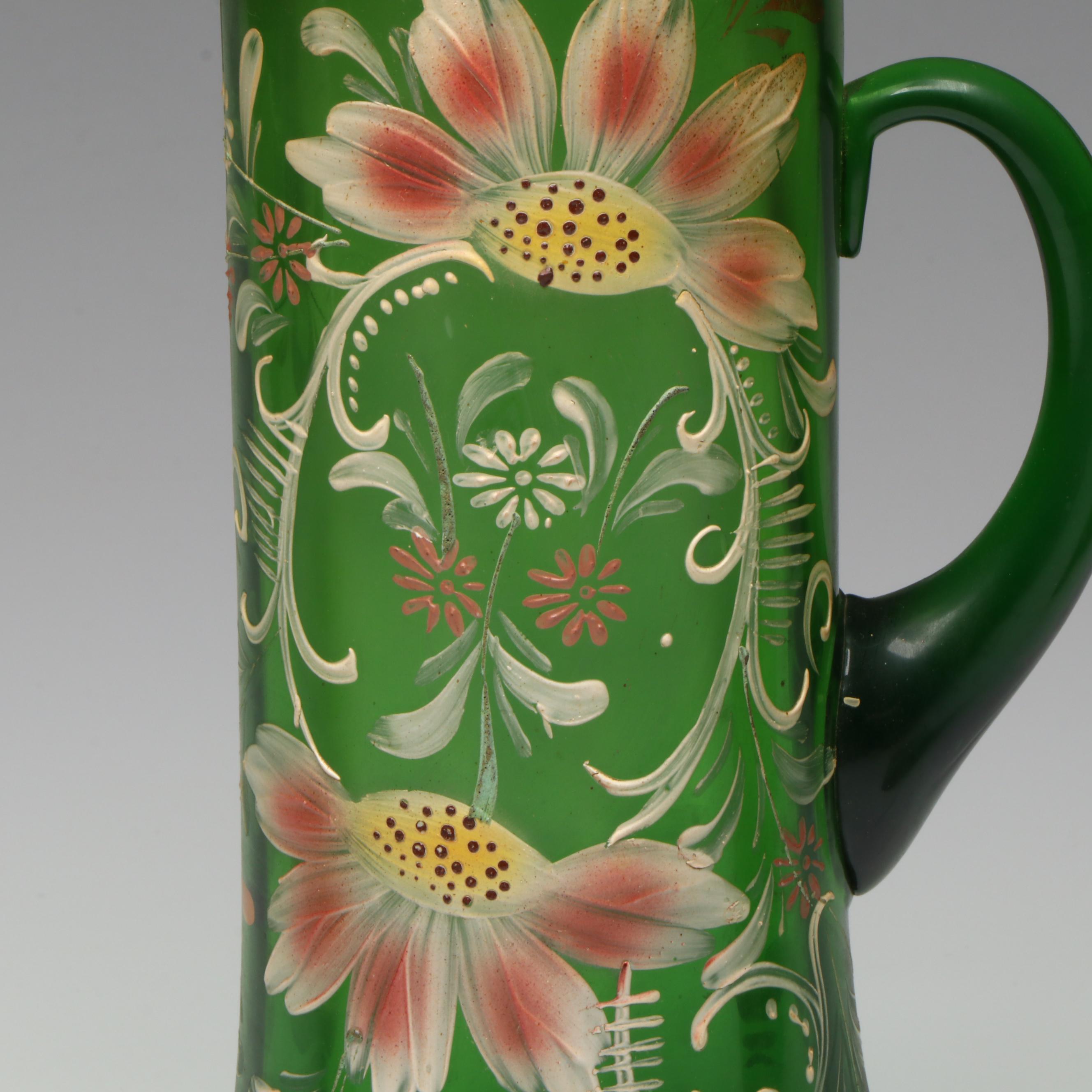 Northwood Green Gilt Hand-Painted Pitcher and Tumblers