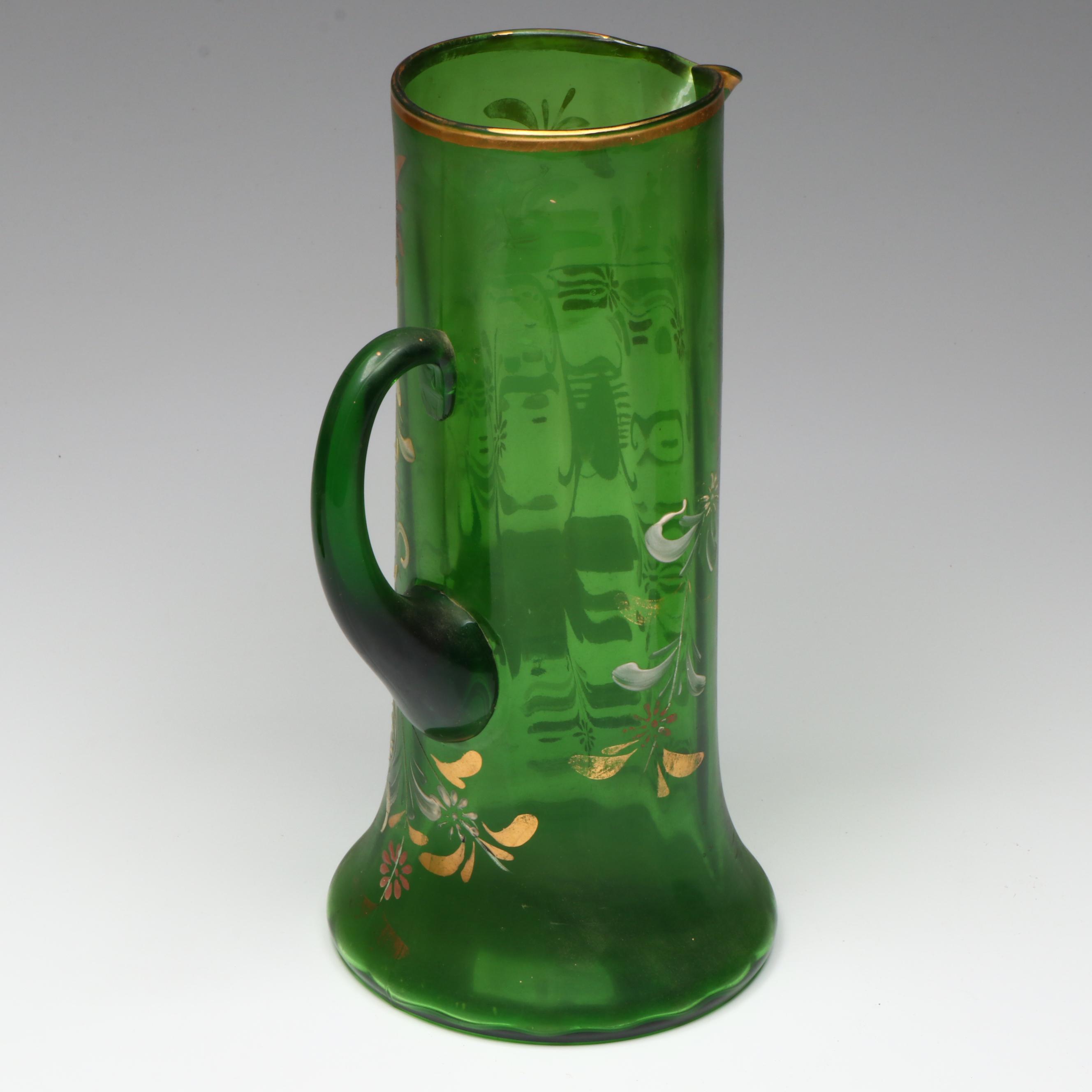 Northwood Green Gilt Hand-Painted Pitcher and Tumblers