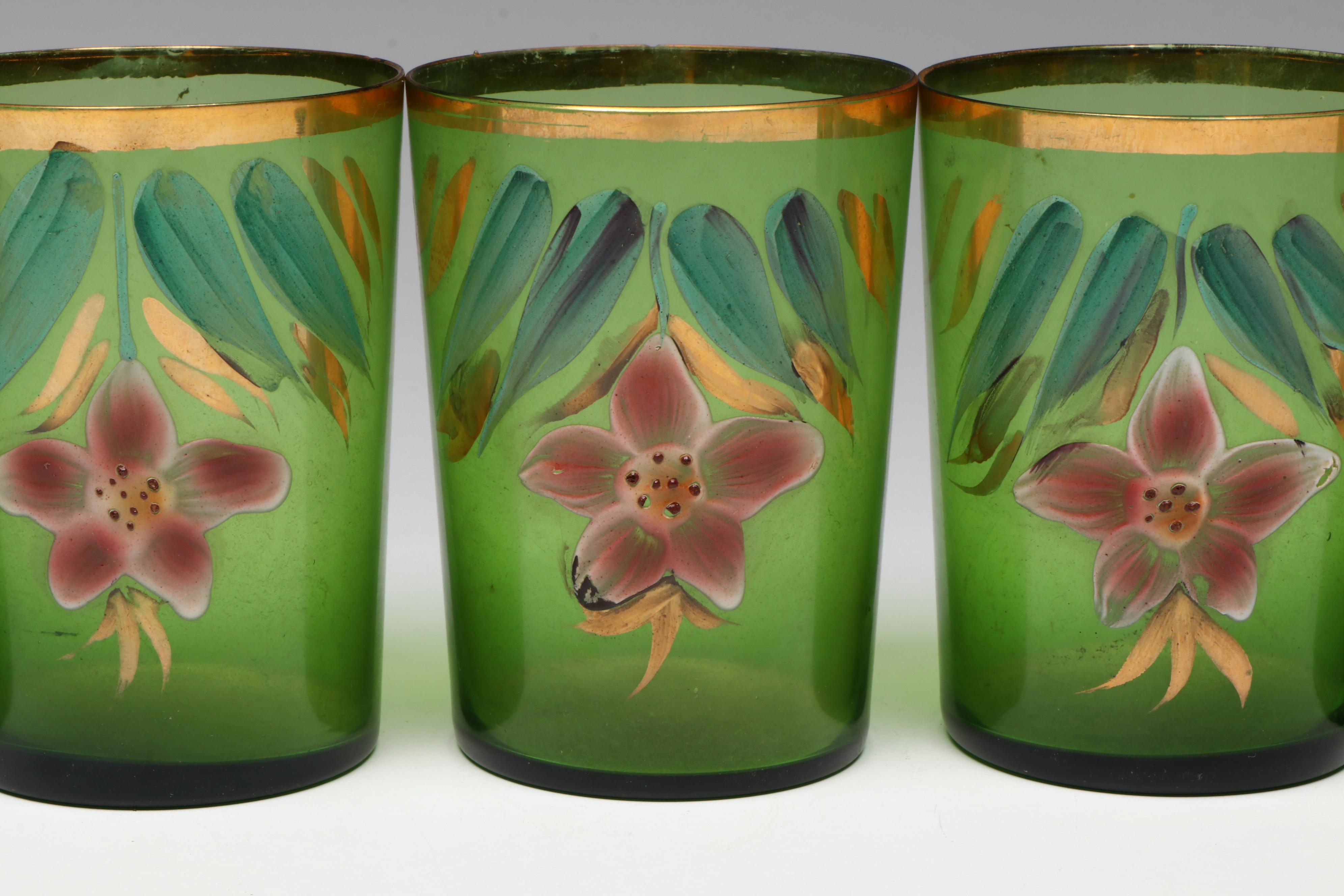 Northwood Green Gilt Hand-Painted Pitcher and Tumblers