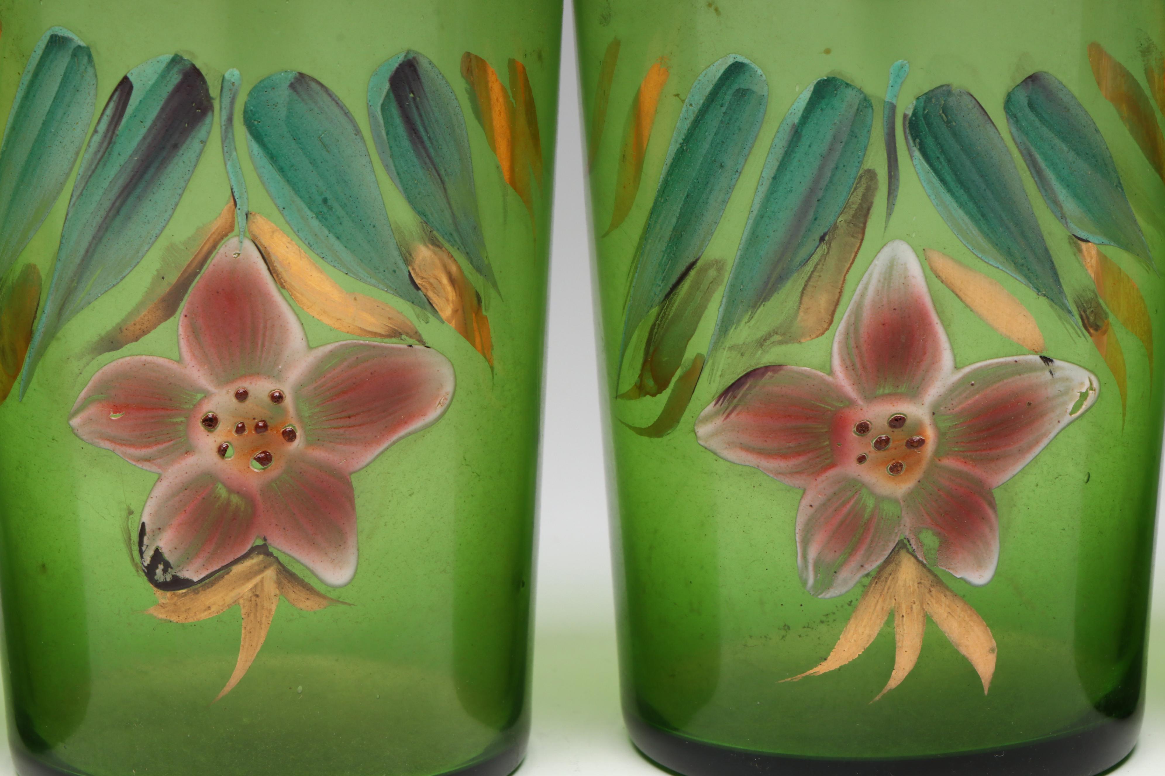 Northwood Green Gilt Hand-Painted Pitcher and Tumblers