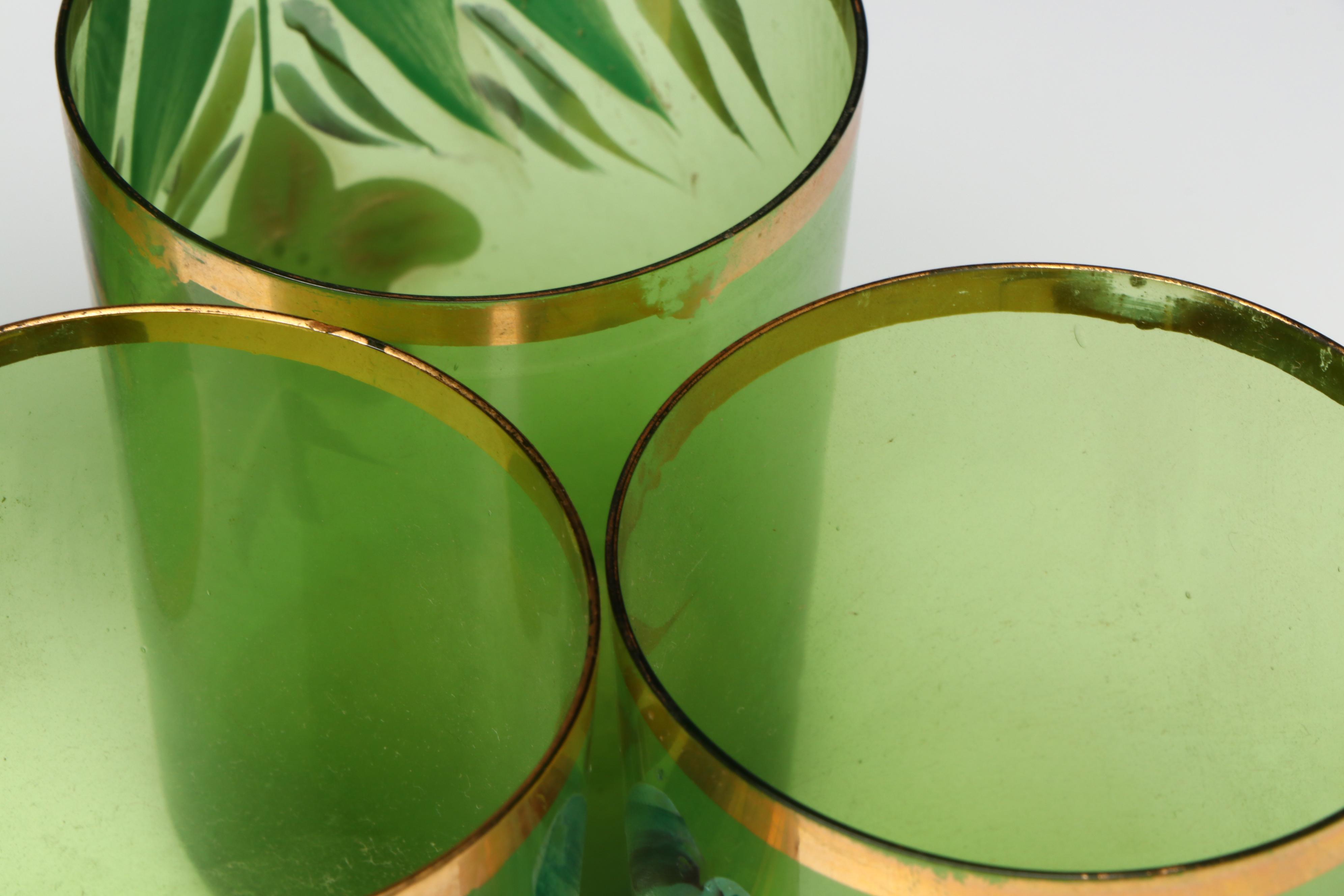 Northwood Green Gilt Hand-Painted Pitcher and Tumblers