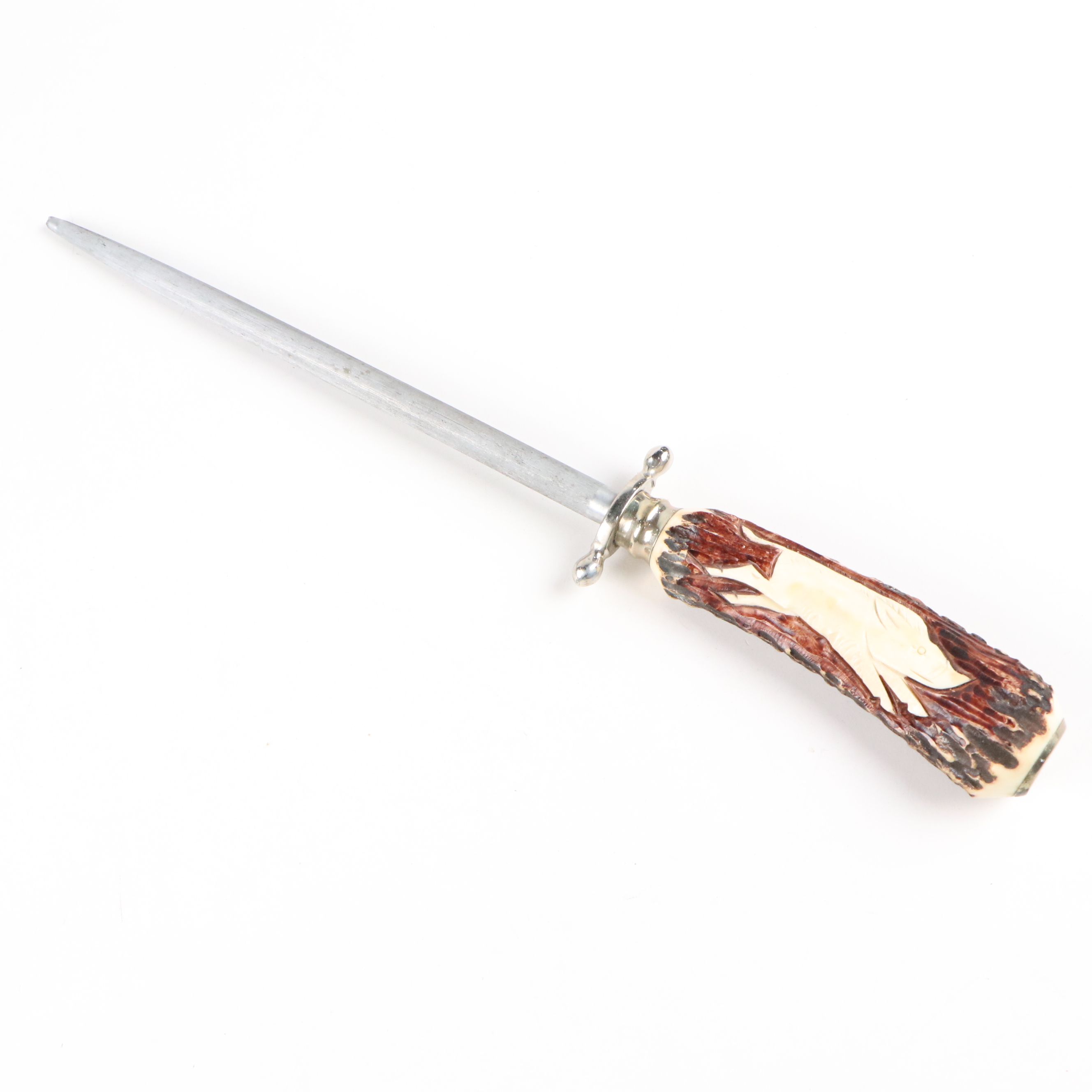 German Stainless Steel and Faux Antler Carving Set in Suede Leather Roll