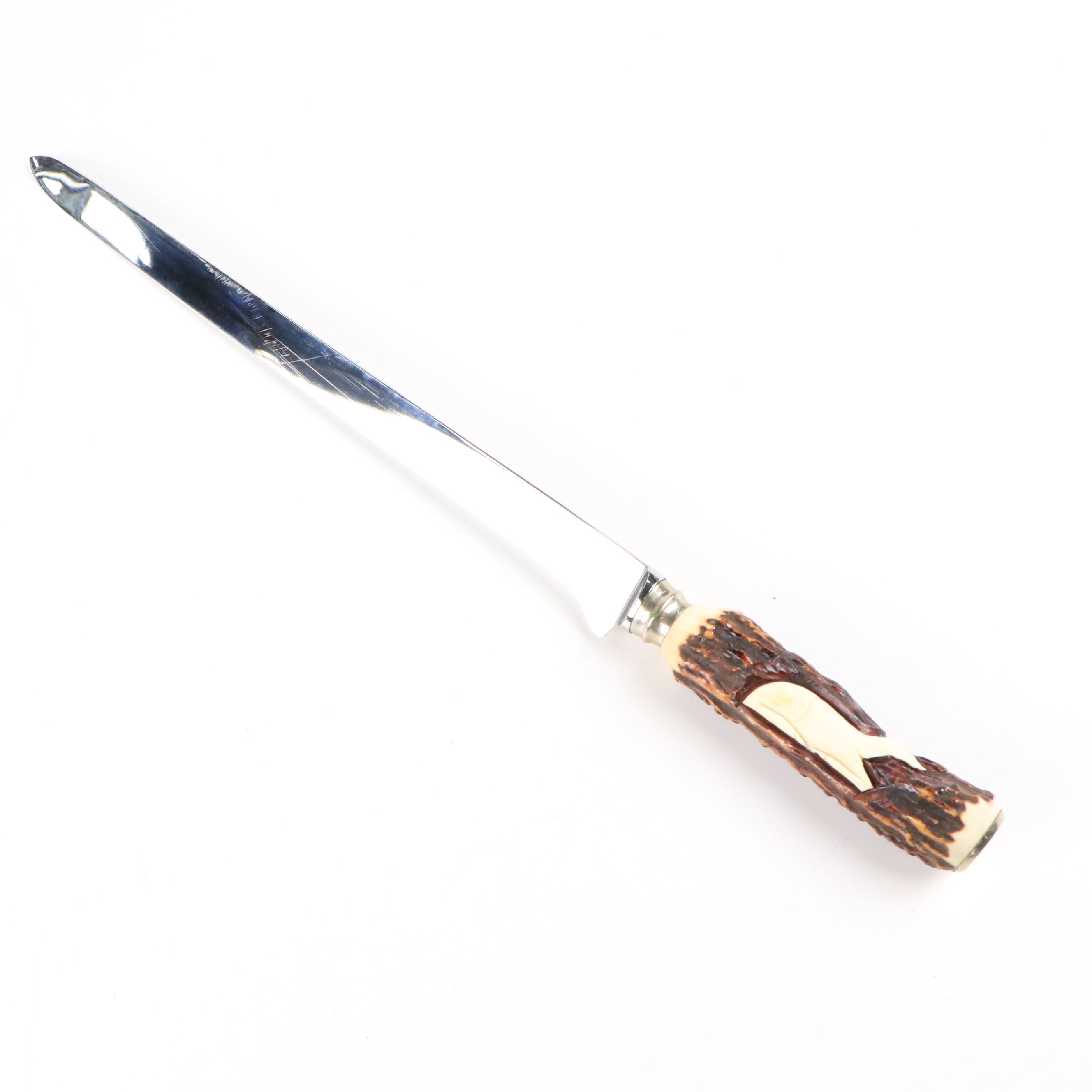 German Stainless Steel and Faux Antler Carving Set in Suede Leather Roll