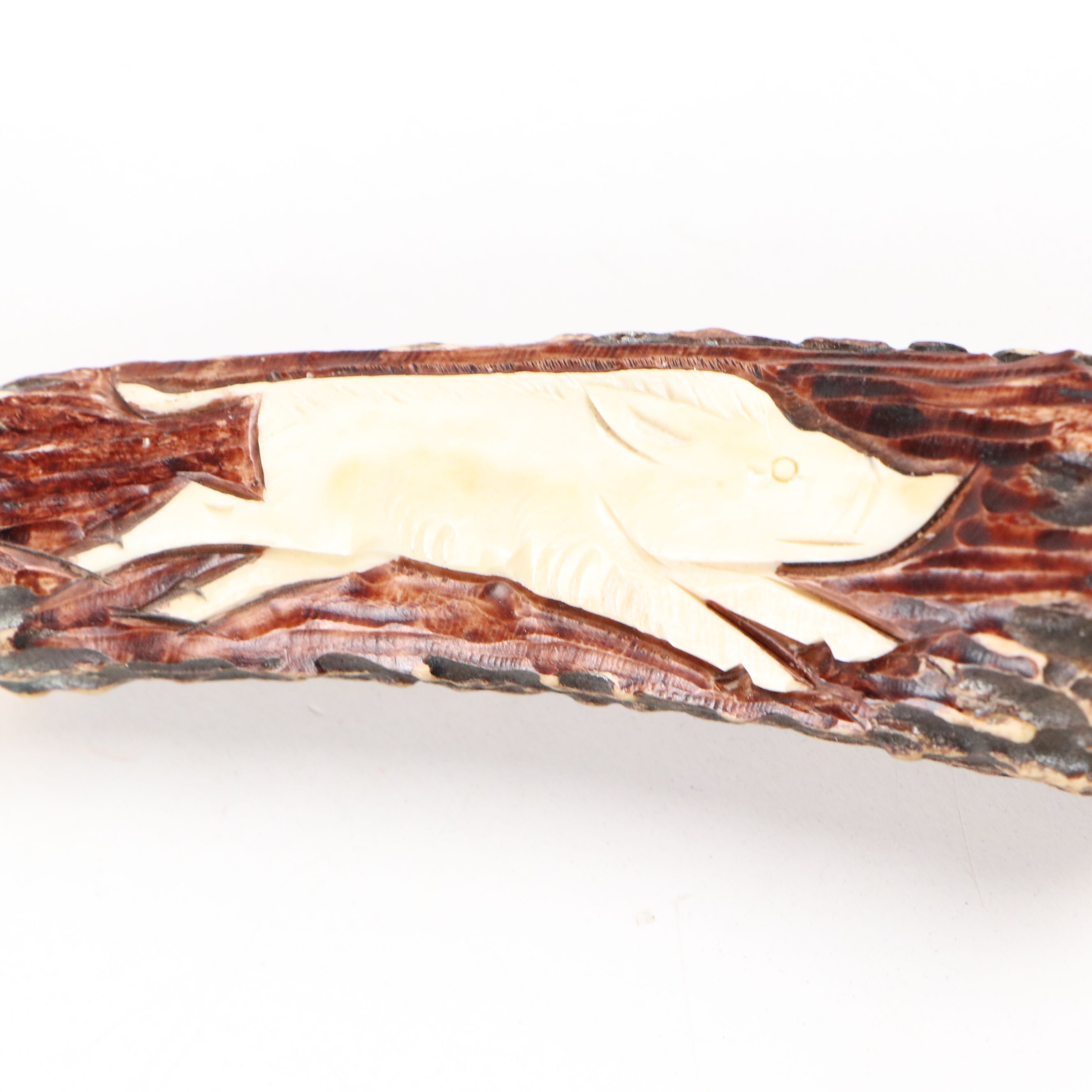 German Stainless Steel and Faux Antler Carving Set in Suede Leather Roll