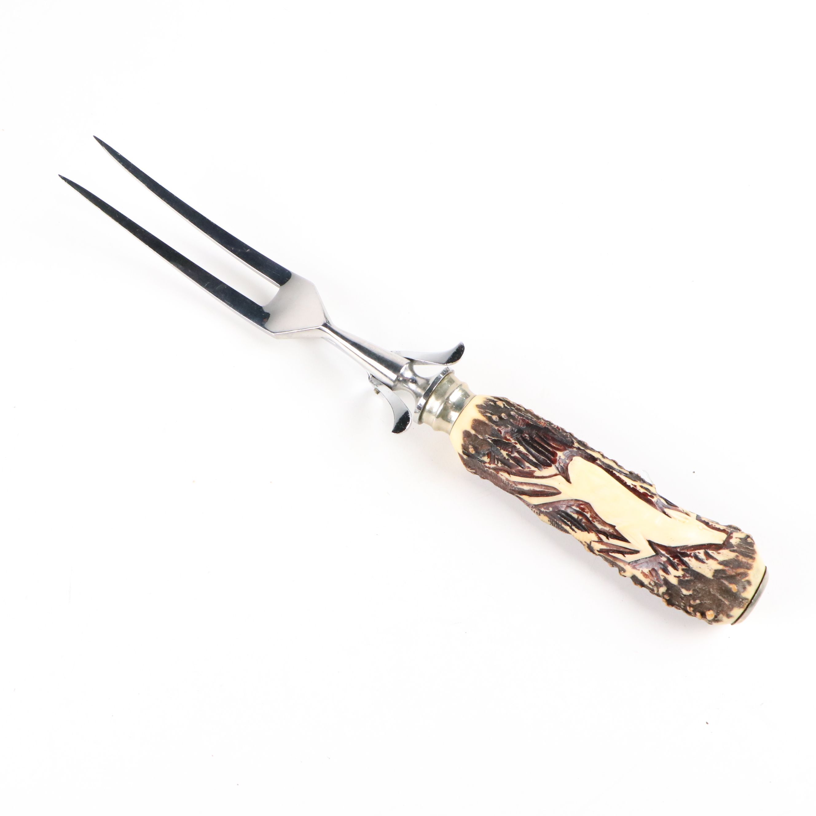 German Stainless Steel and Faux Antler Carving Set in Suede Leather Roll