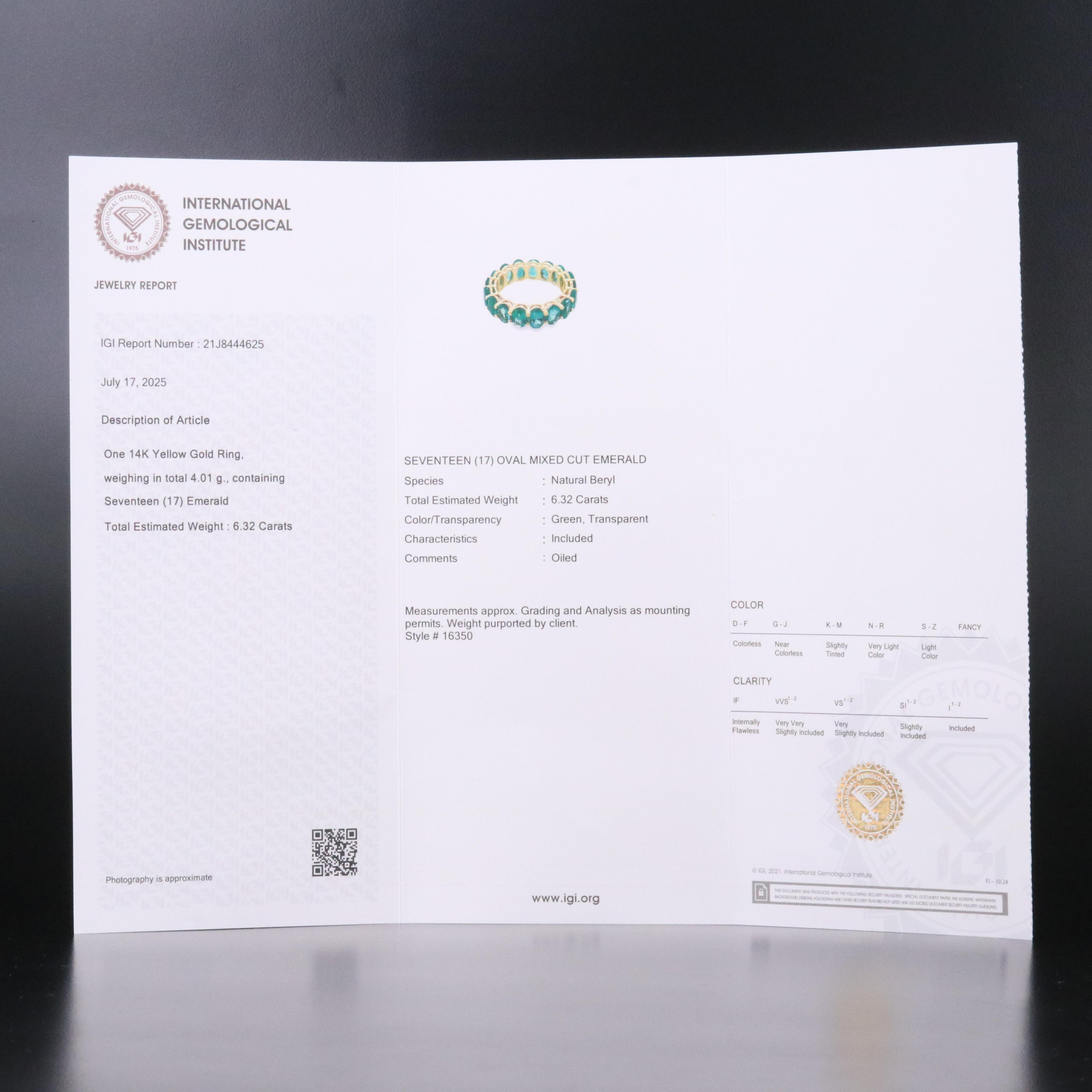 14K 6.32 CTW Emerald Eternity Band with IGI Jewelry Report