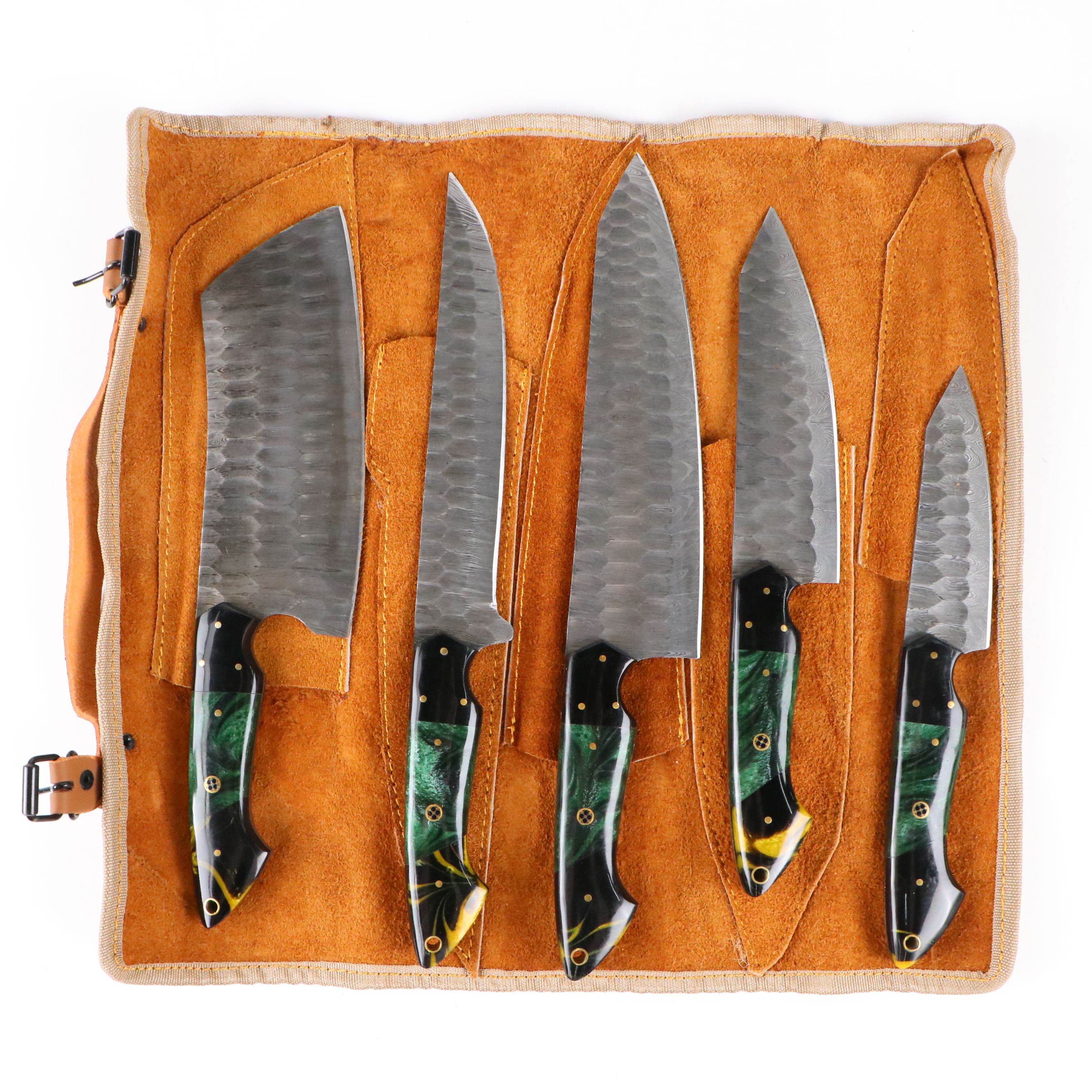 Damascus Steel and Marbled Resin Chef's Knife Set in Suede Leather Roll