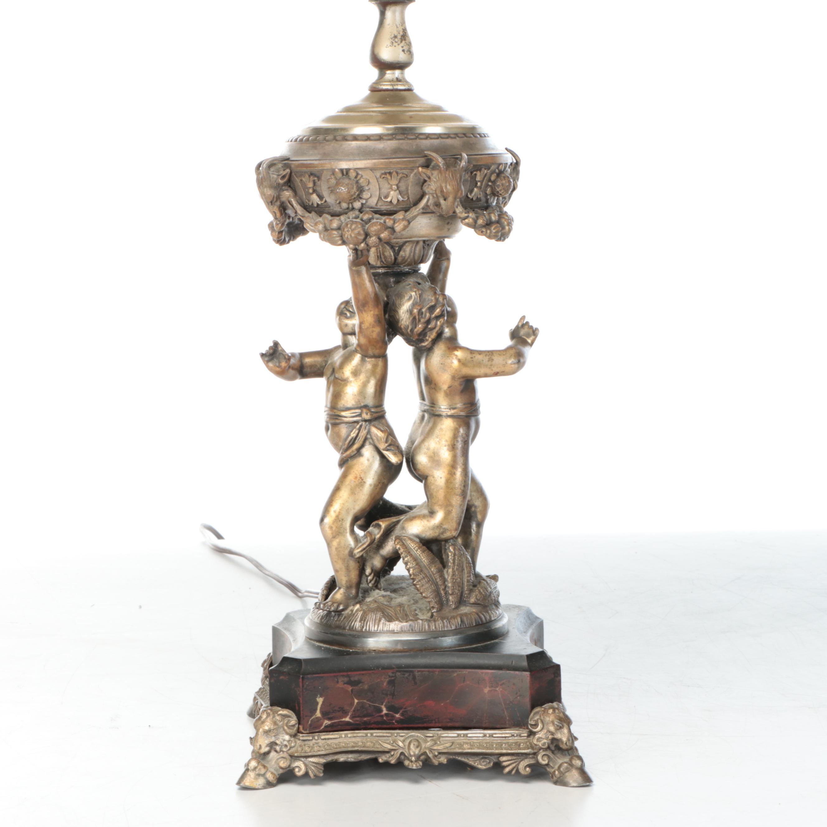 Rococo Style Putti Metal Table Lamps with Pintuck Pleat Silk Shades