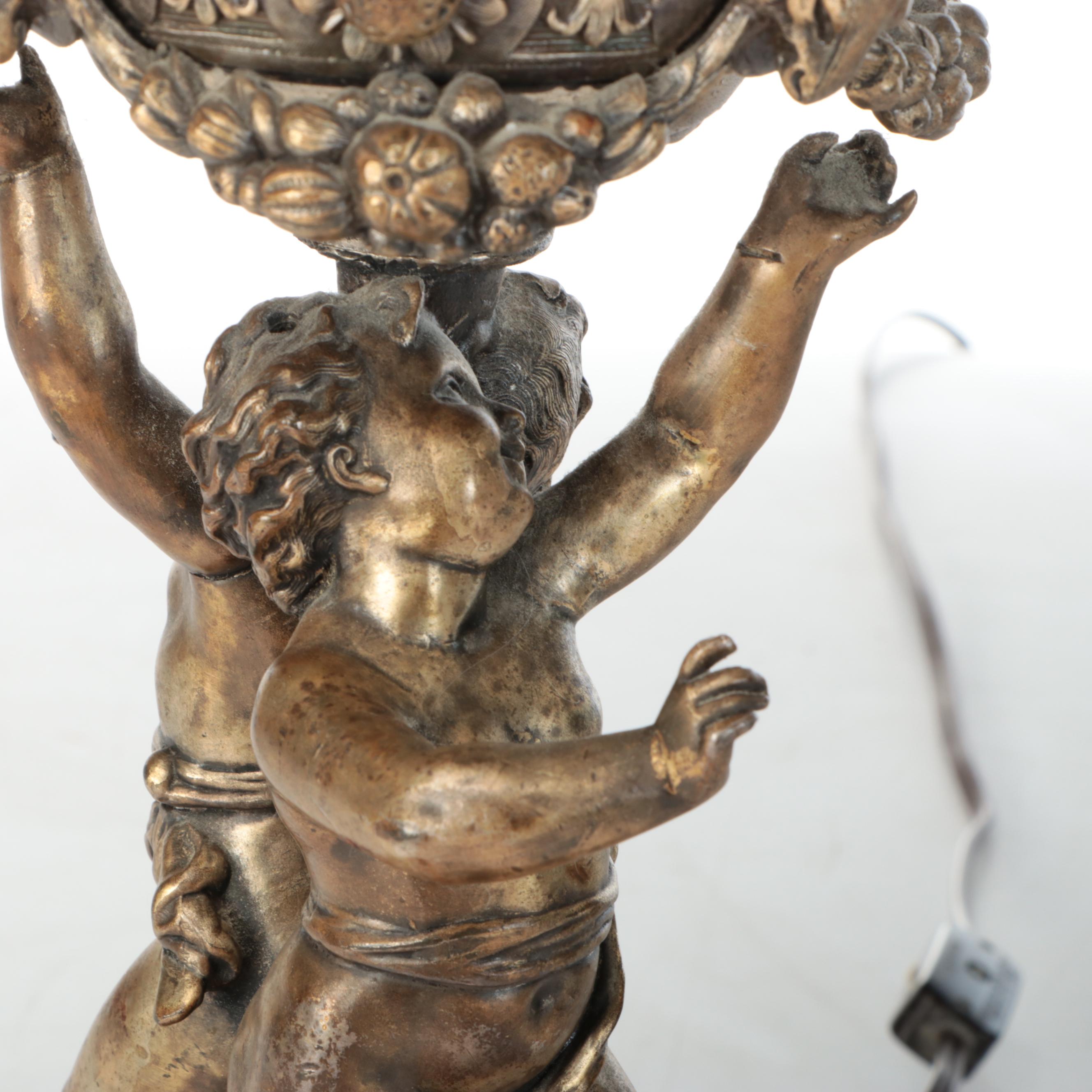 Rococo Style Putti Metal Table Lamps with Pintuck Pleat Silk Shades