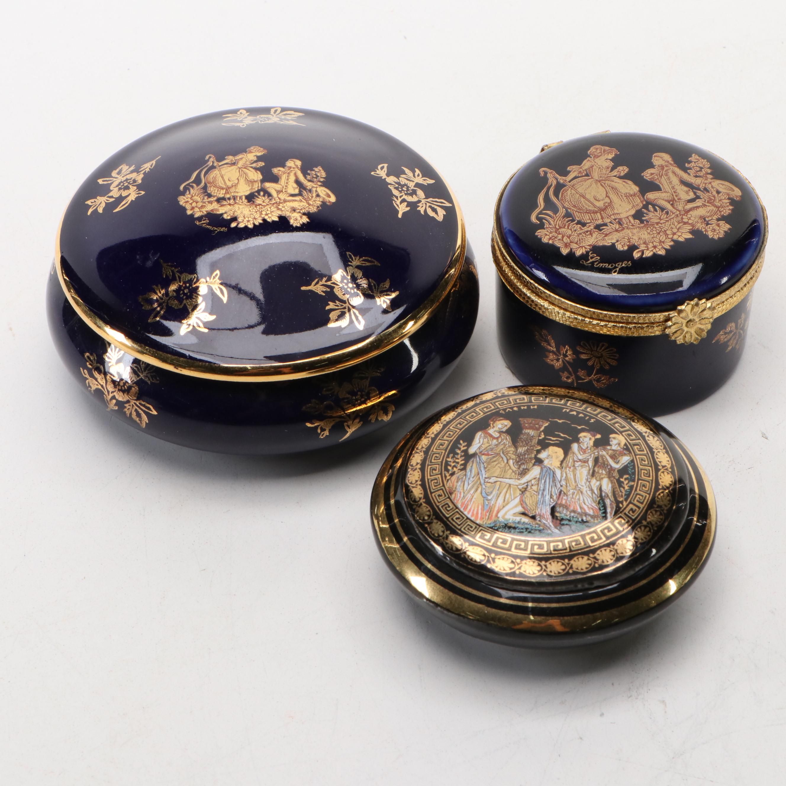 Castel French Limoges Cobalt Porcelain Boxes, Greek Porcelain & 24K Lidded Jar