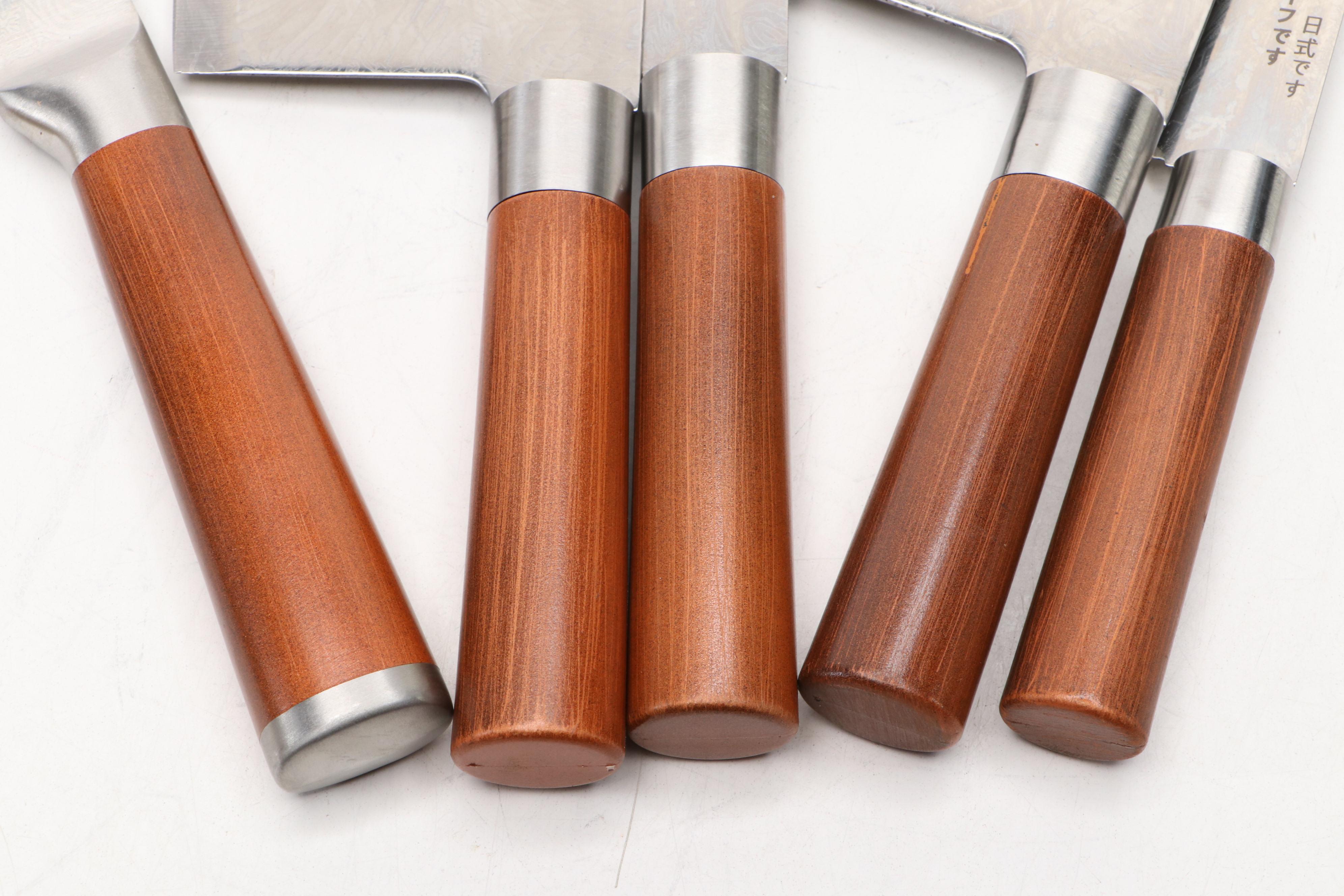 Japanese Style Etched Stainless Steel Chef's Knife Set in Canvas Roll