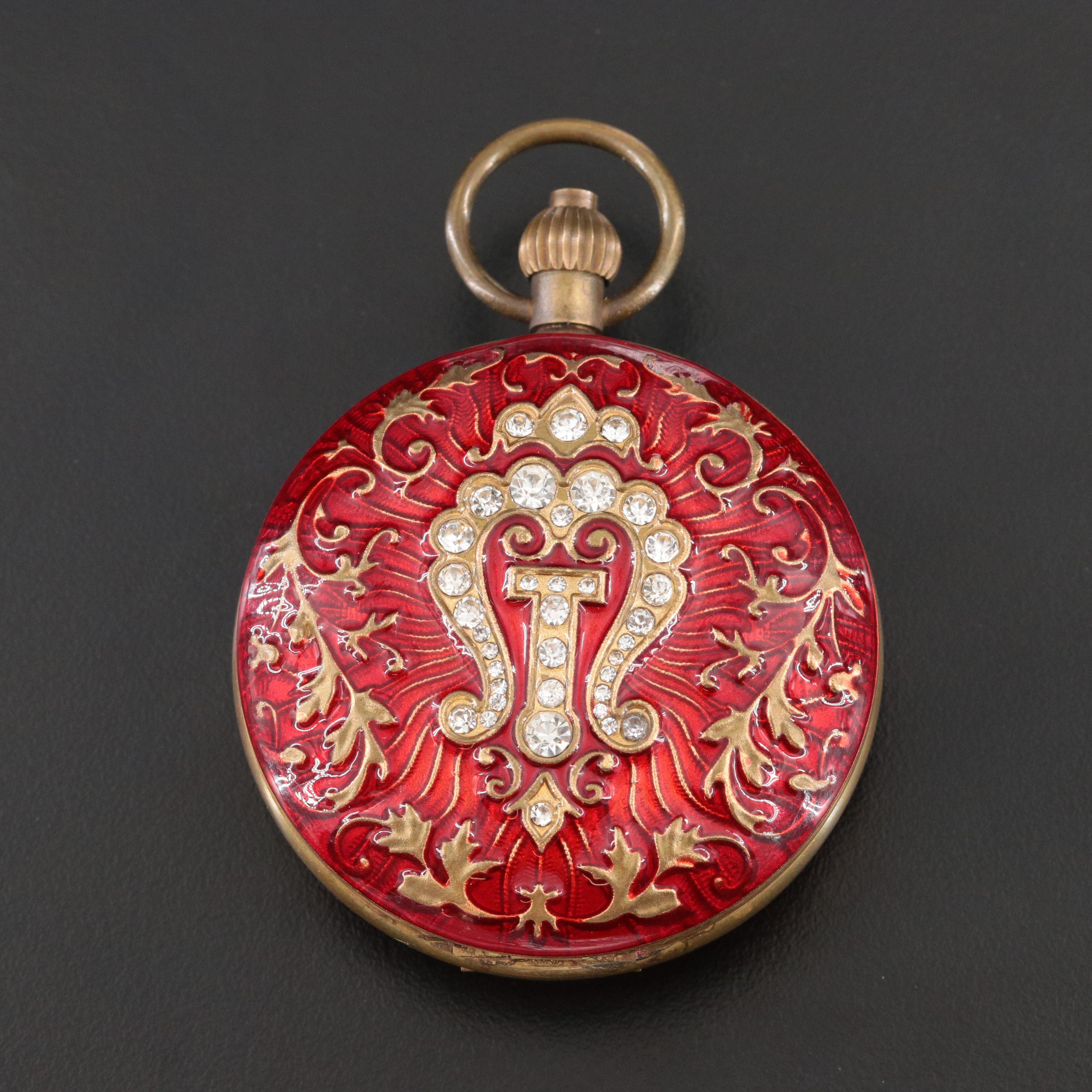 Huameile 17 Jewel Stem Wind Crystal and Enamel Accented Pocket Watch