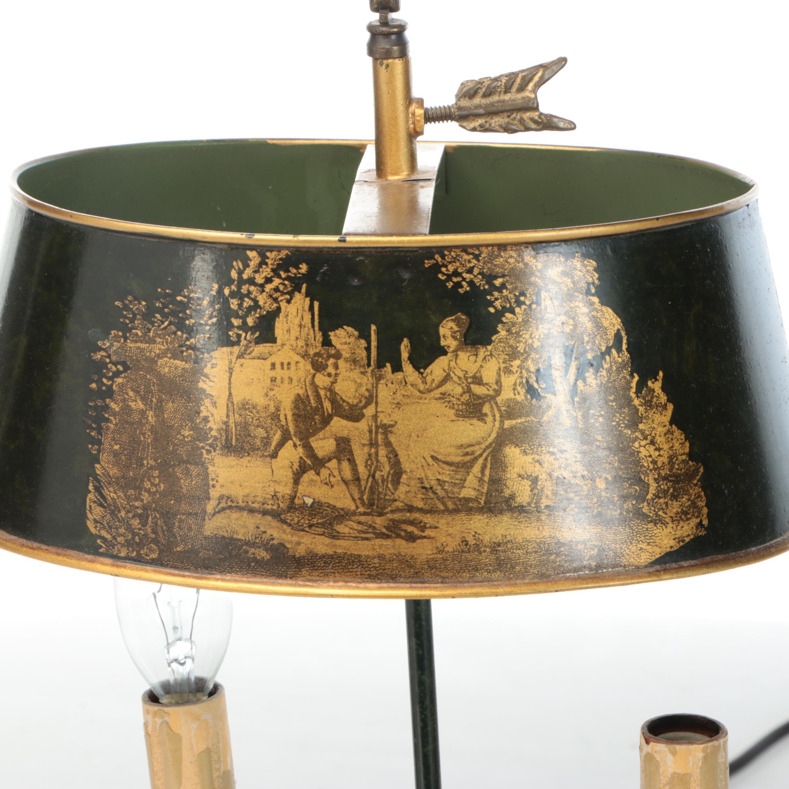 French Empire Style Green and Gold Finish Metal Table Lamp