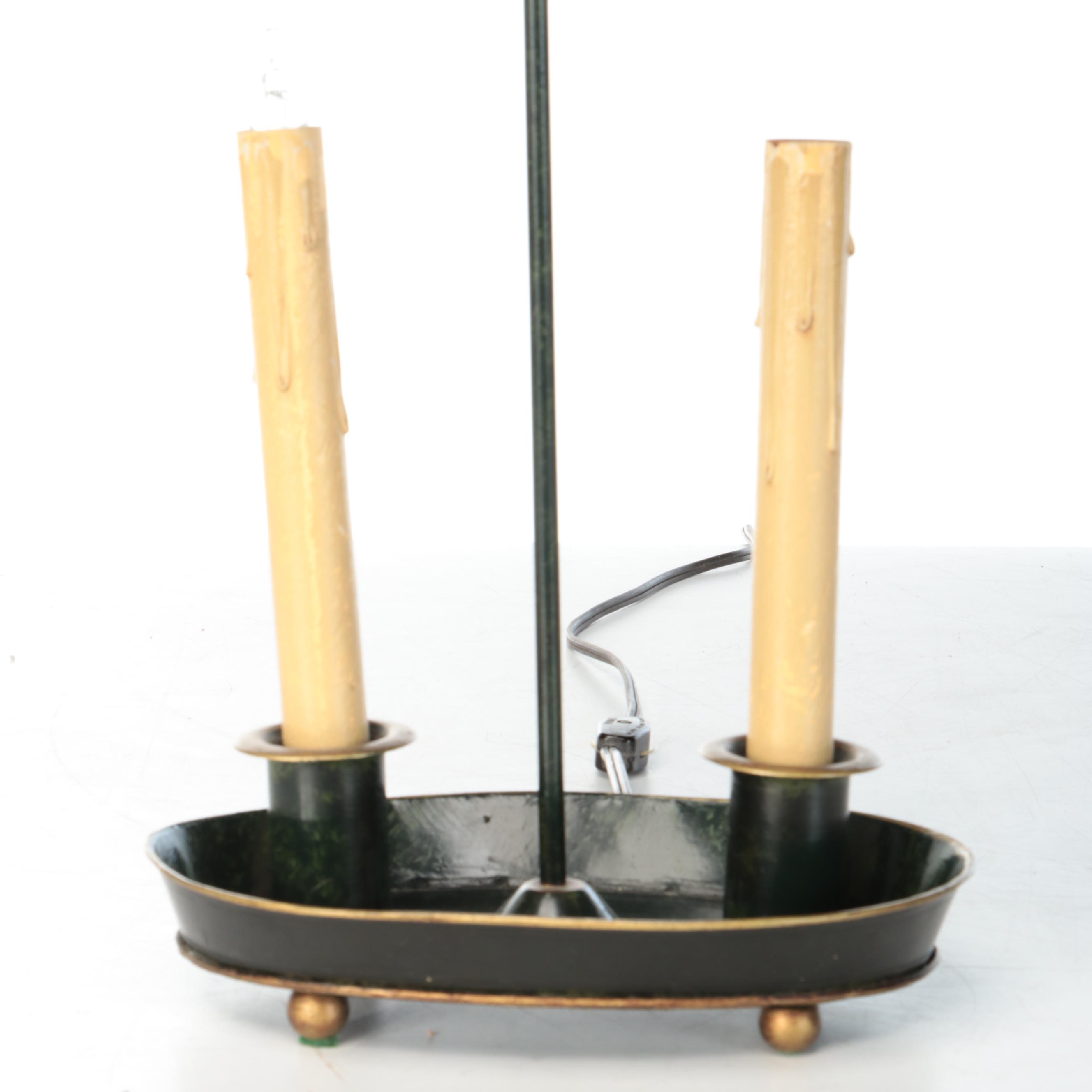 French Empire Style Green and Gold Finish Metal Table Lamp