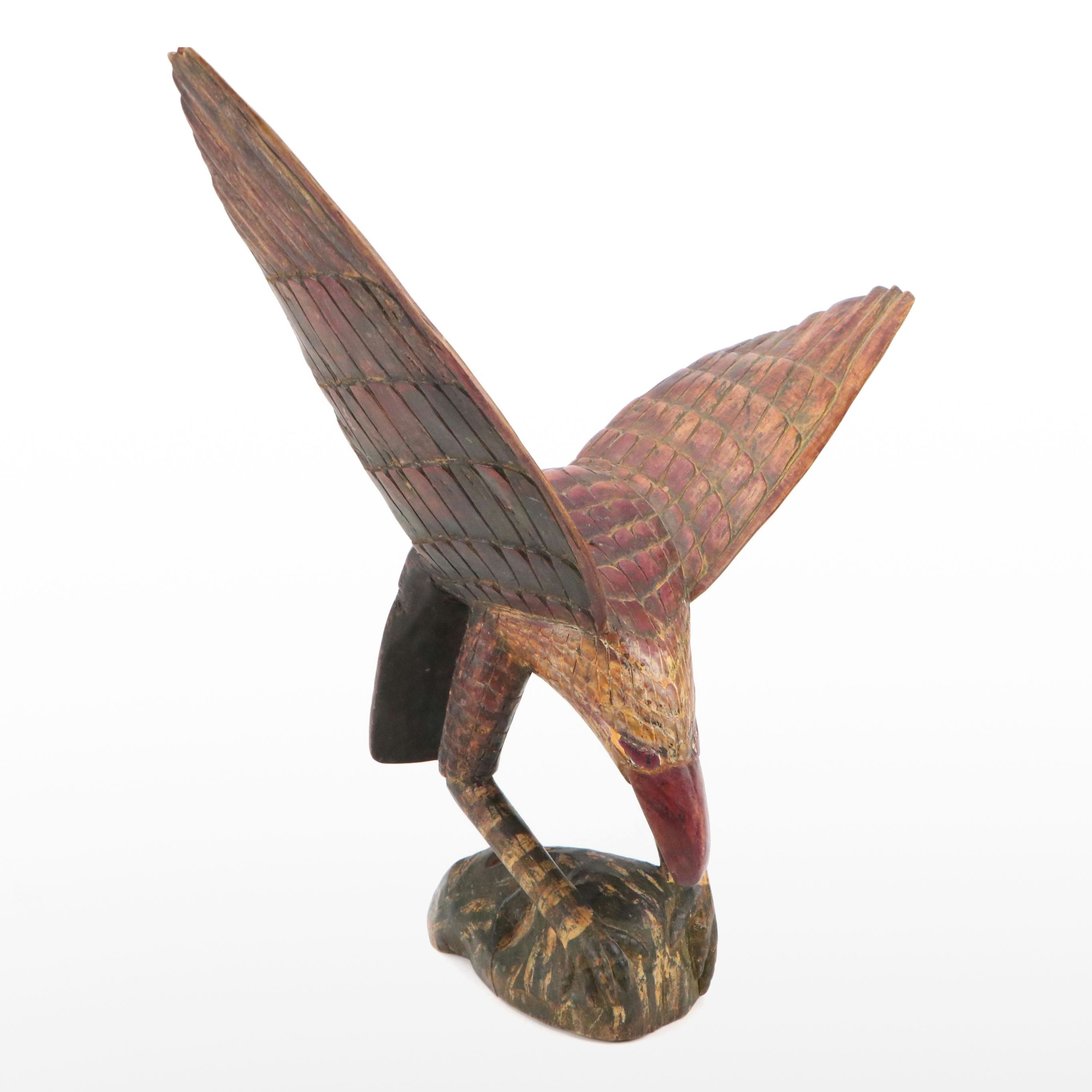 Folk Art Style Hand-Carved Polychrome Wood Eagle Sculpture