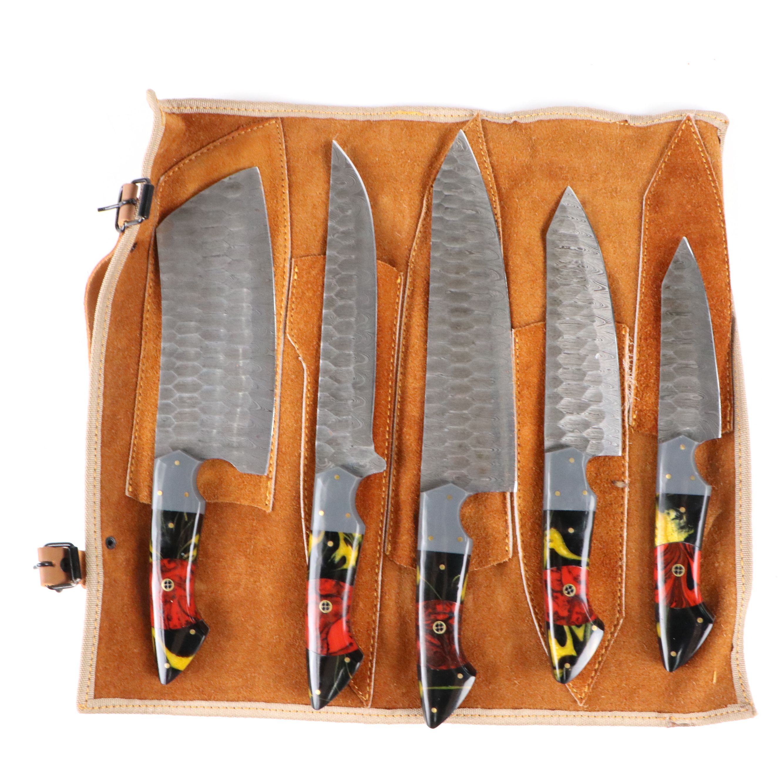 Damascus Steel and Marbled Resin Handled Chef's Knife Set in Suede Leather Roll