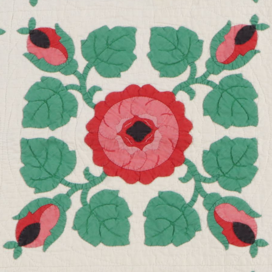 Hand-Pieced "Rose of Sharon" Applique Quilt, Mid to Late 20th Century