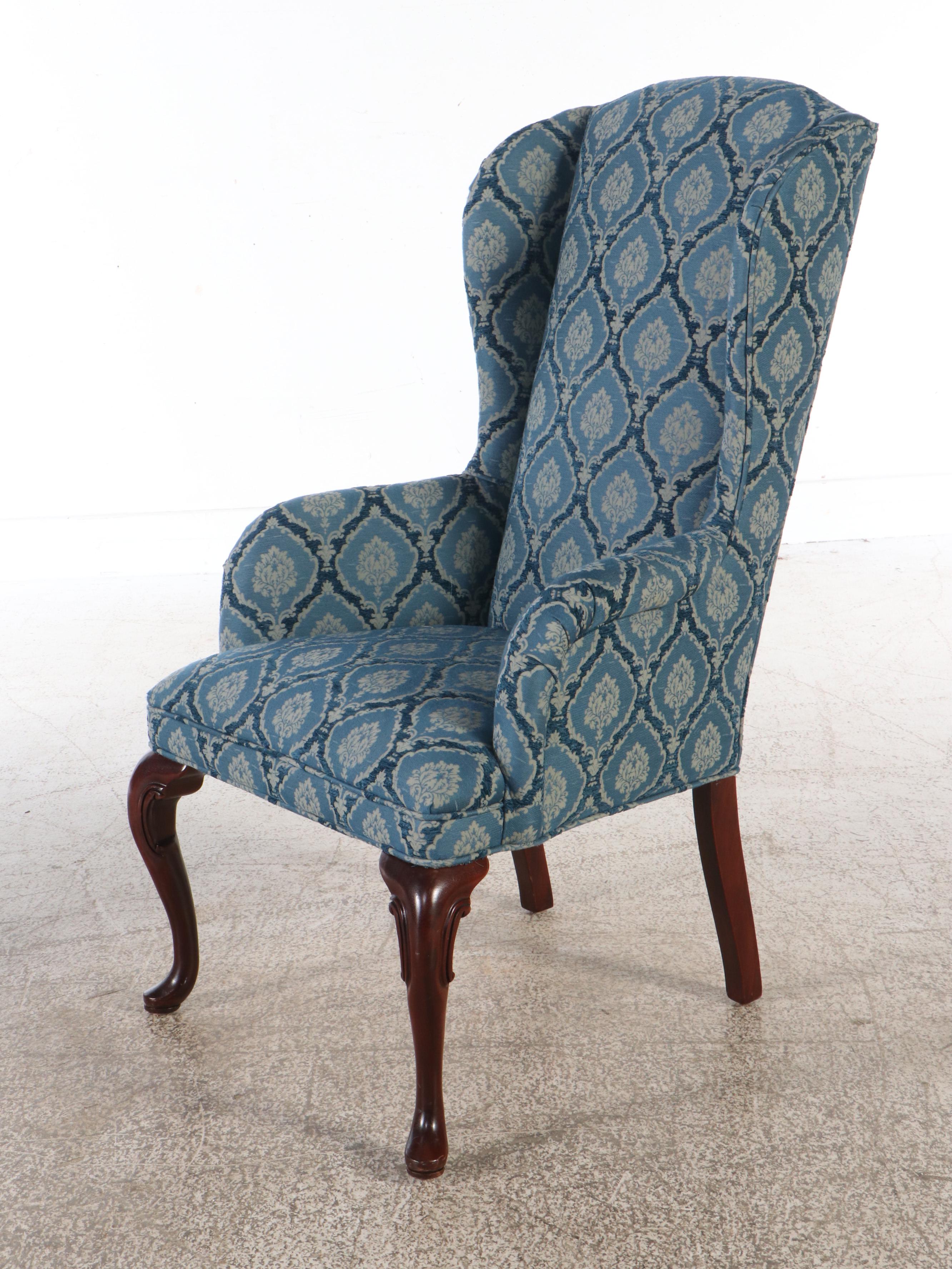 Pair of Queen Anne Style Damask Armchairs