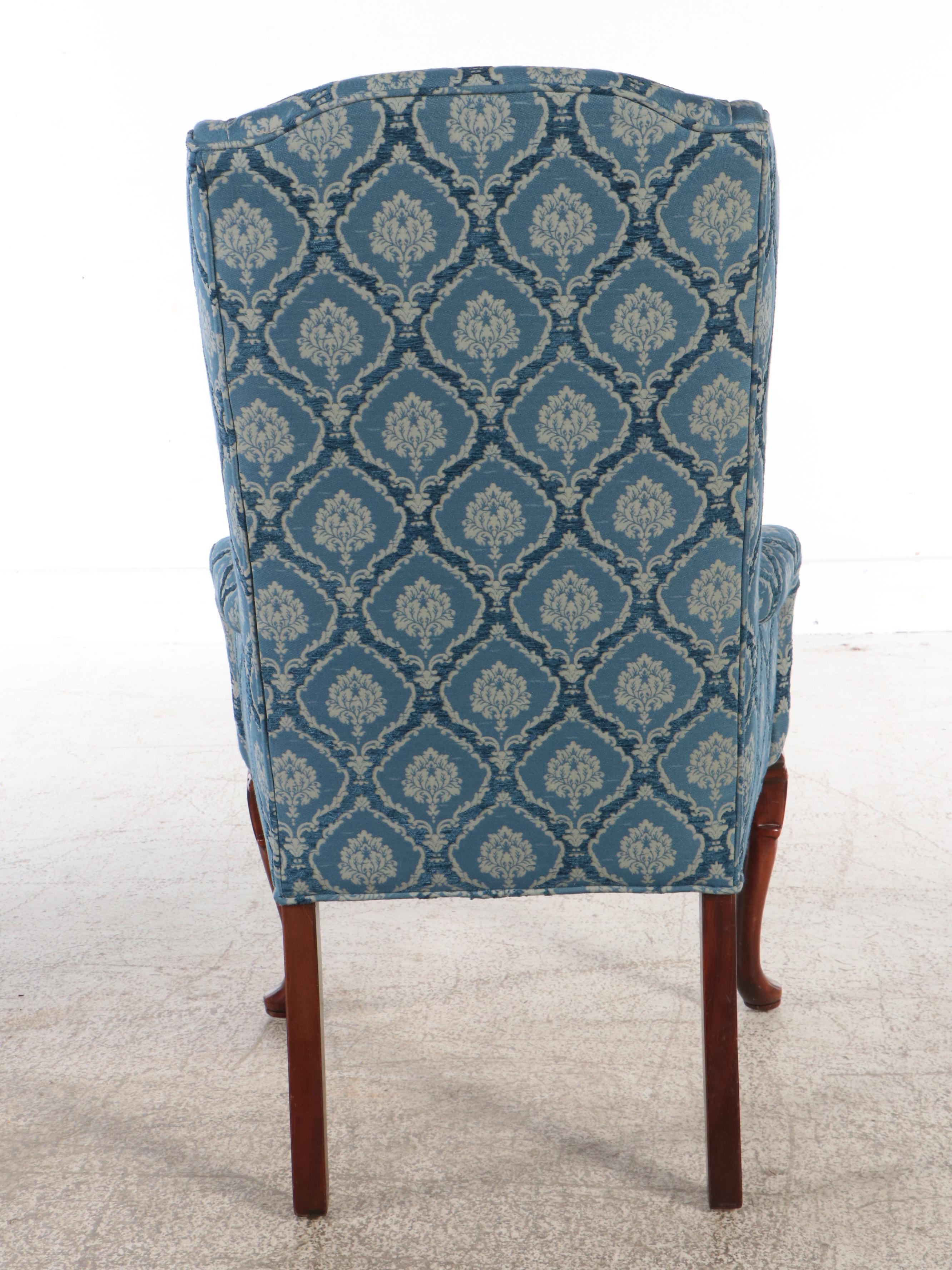 Pair of Queen Anne Style Damask Armchairs