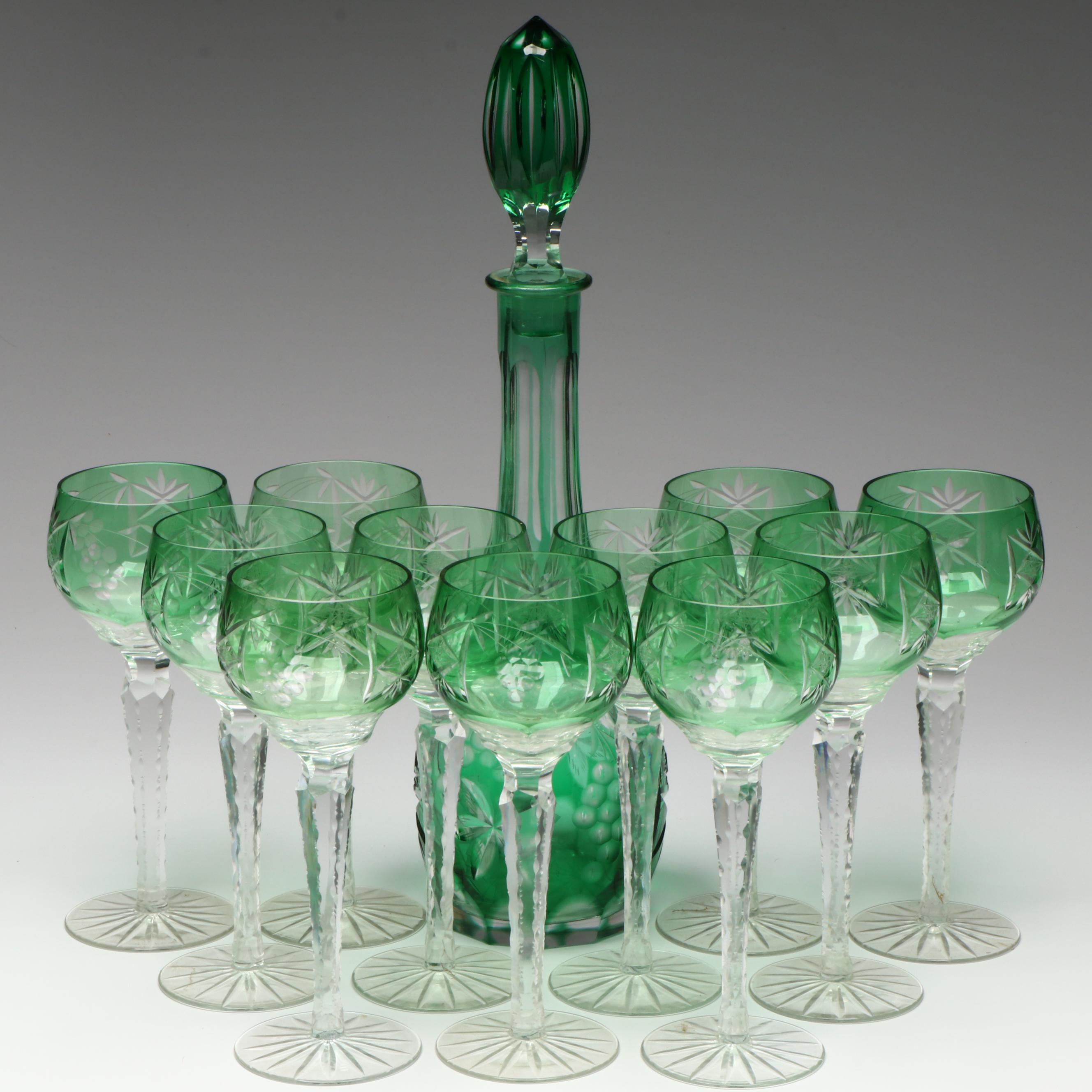 Bohemian Style Green Cut to Clear Decanter and Wine Glasses