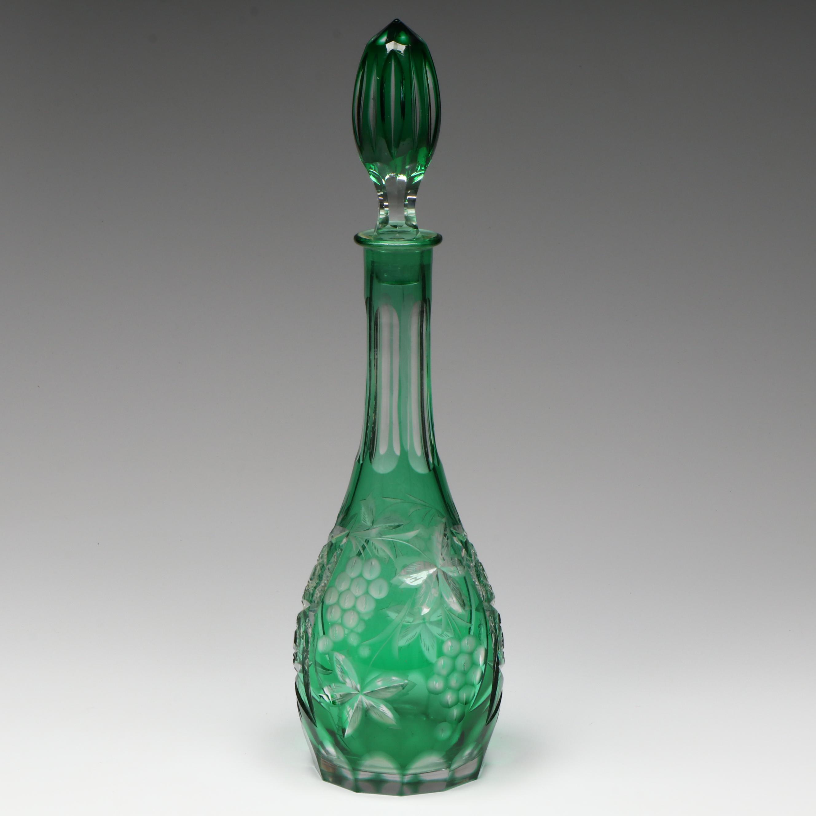 Bohemian Style Green Cut to Clear Decanter and Wine Glasses