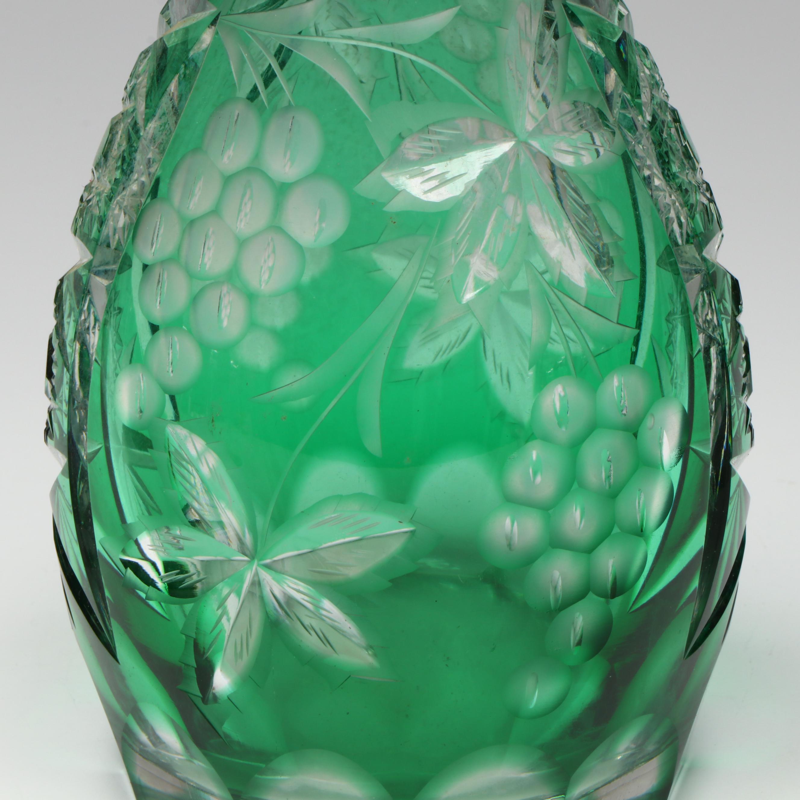 Bohemian Style Green Cut to Clear Decanter and Wine Glasses