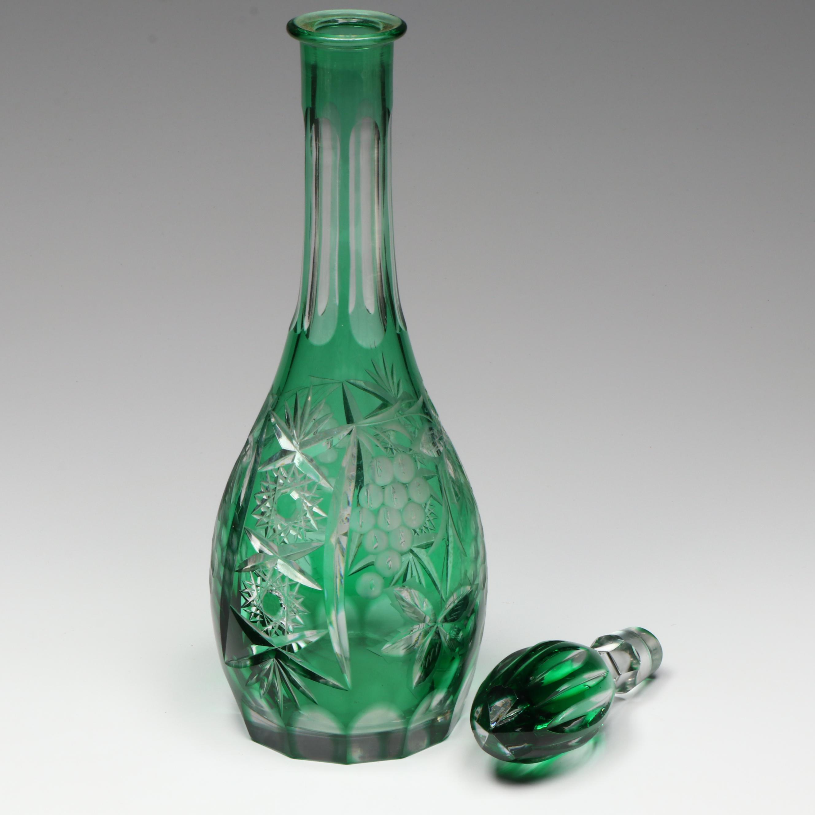 Bohemian Style Green Cut to Clear Decanter and Wine Glasses