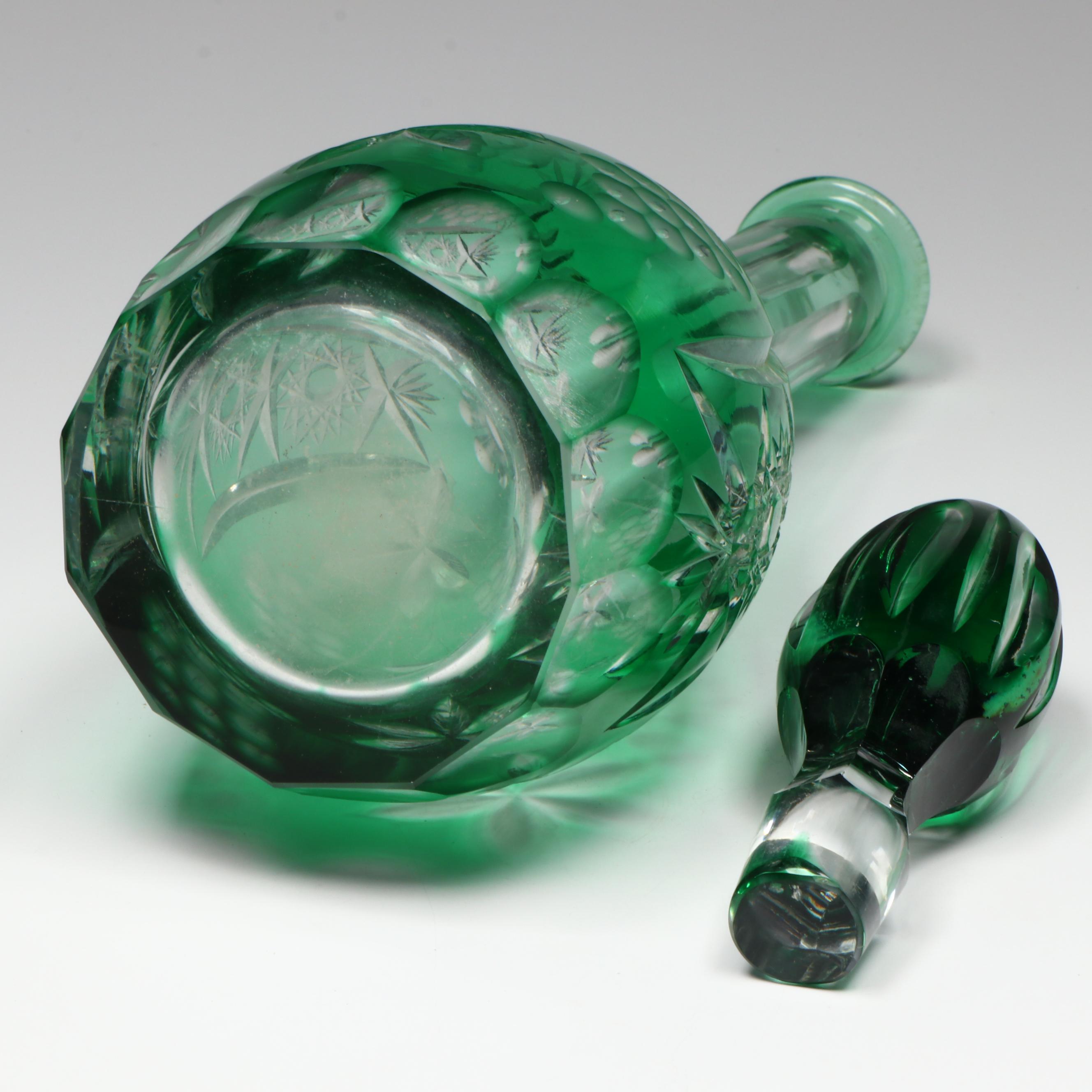Bohemian Style Green Cut to Clear Decanter and Wine Glasses