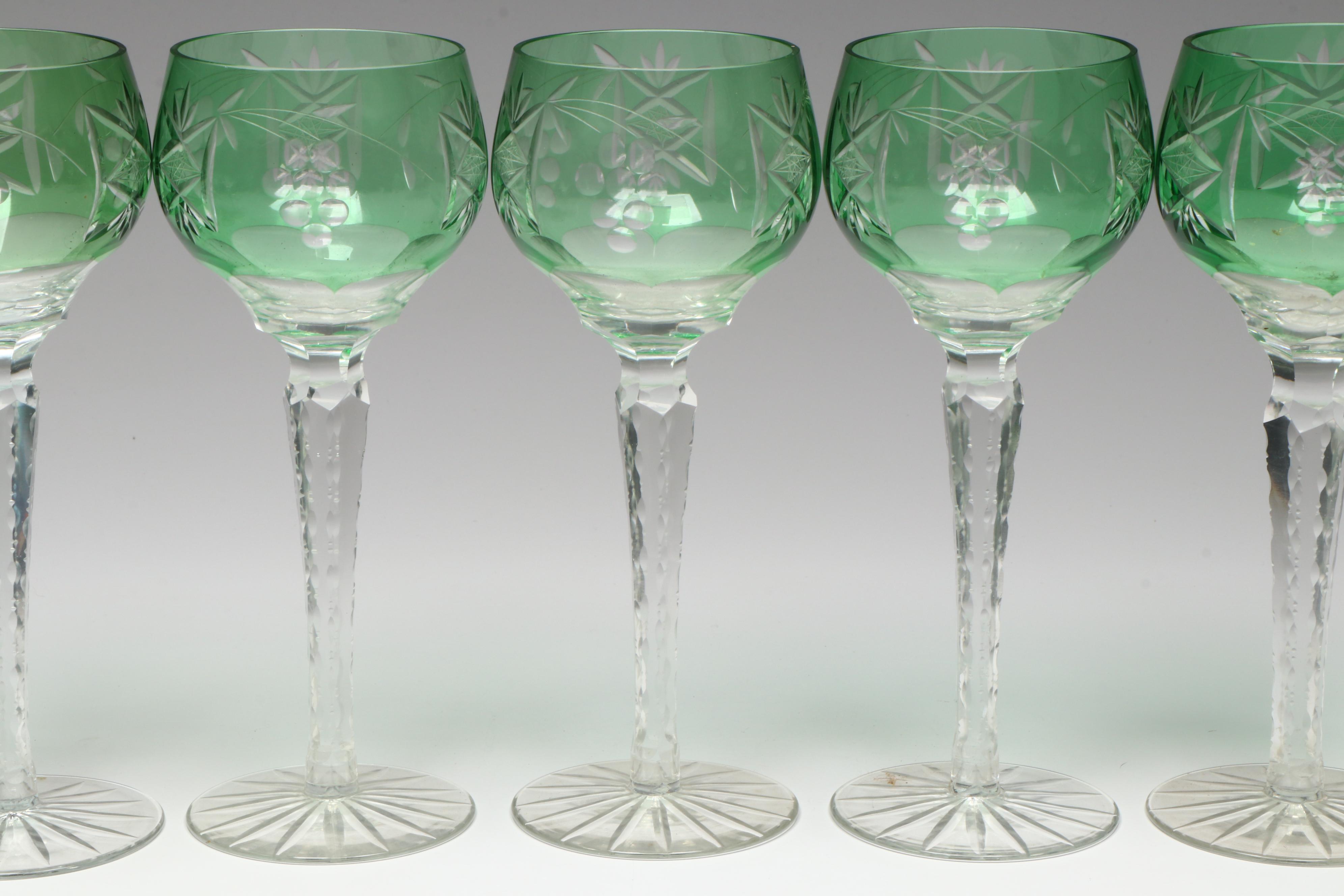 Bohemian Style Green Cut to Clear Decanter and Wine Glasses