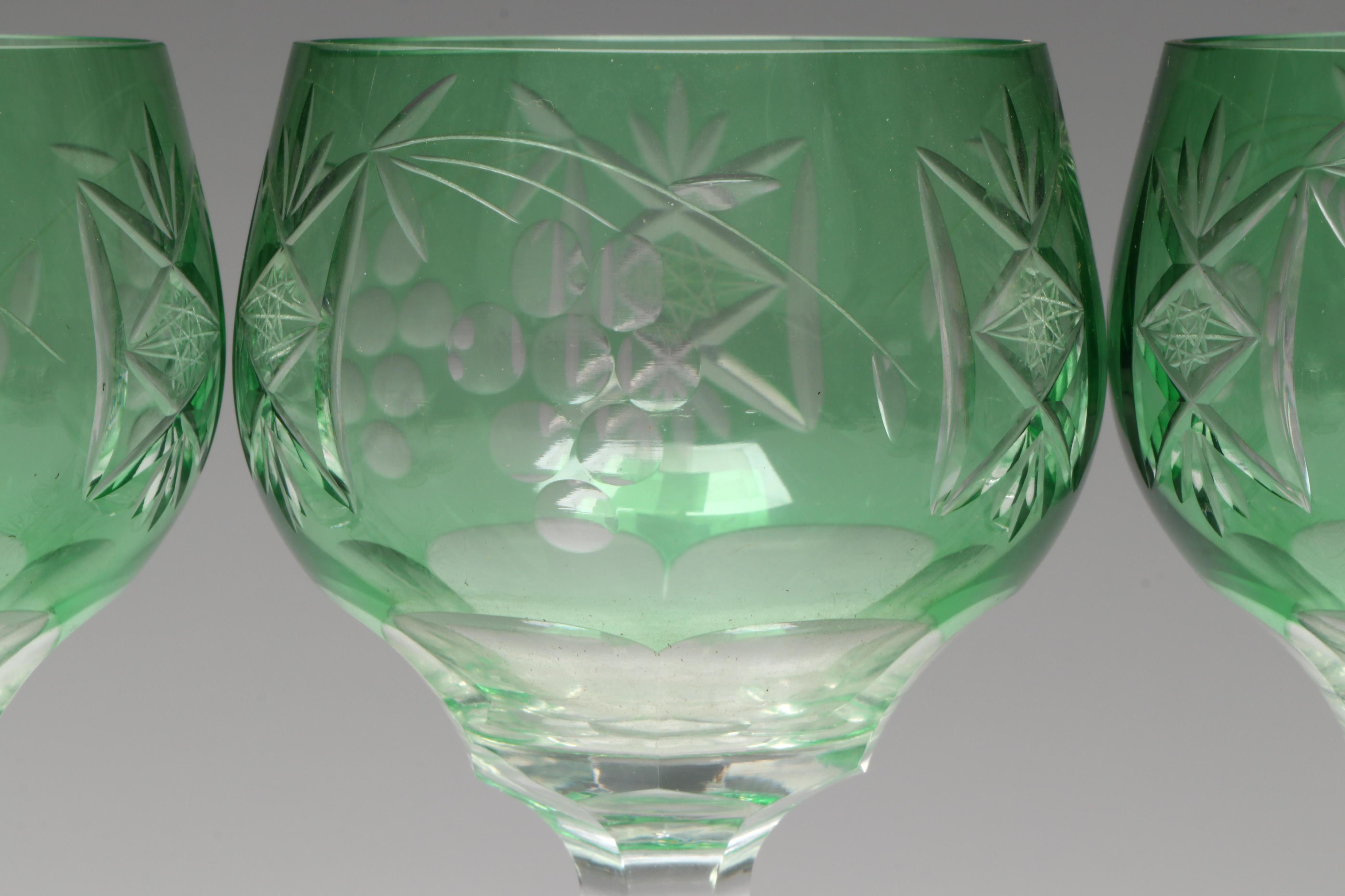 Bohemian Style Green Cut to Clear Decanter and Wine Glasses
