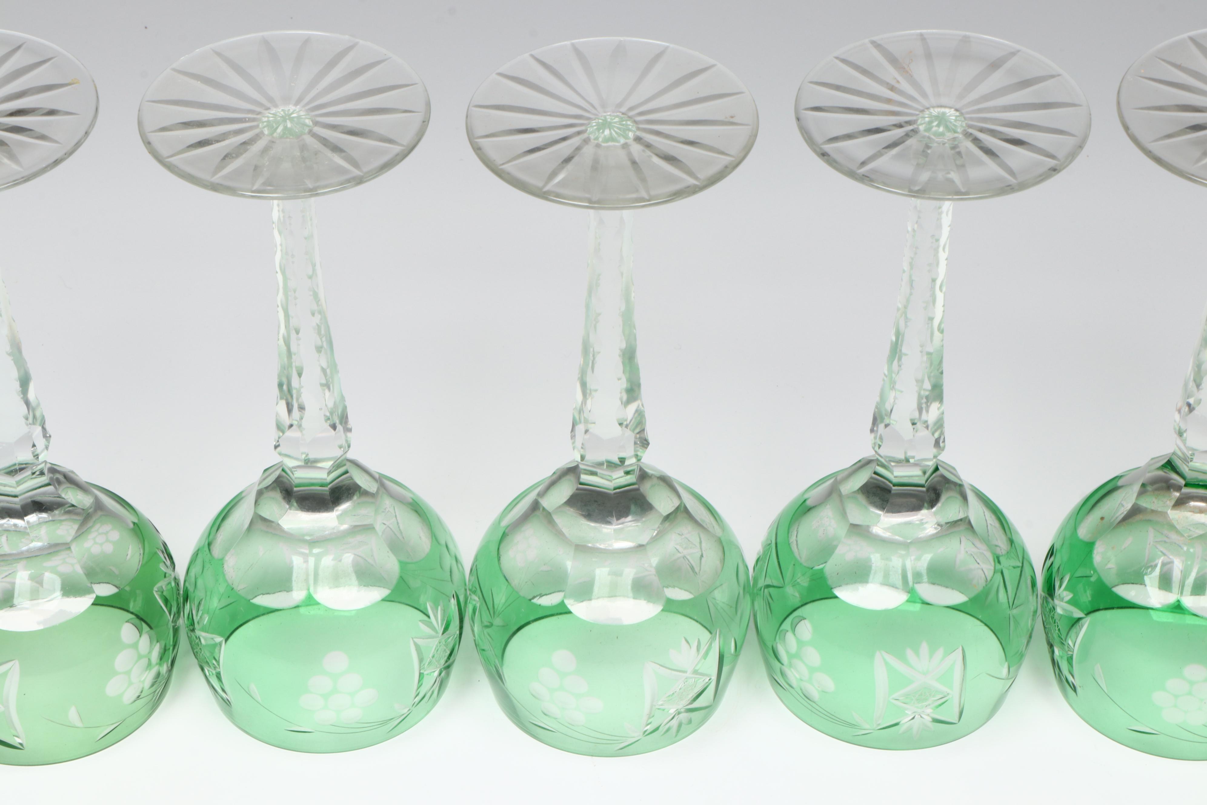 Bohemian Style Green Cut to Clear Decanter and Wine Glasses