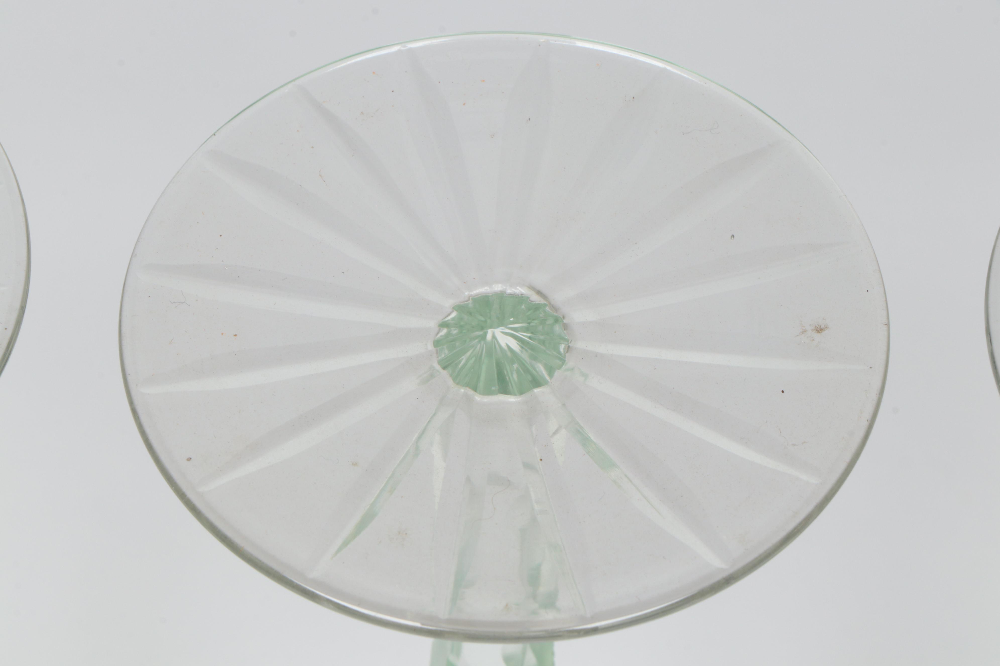 Bohemian Style Green Cut to Clear Decanter and Wine Glasses