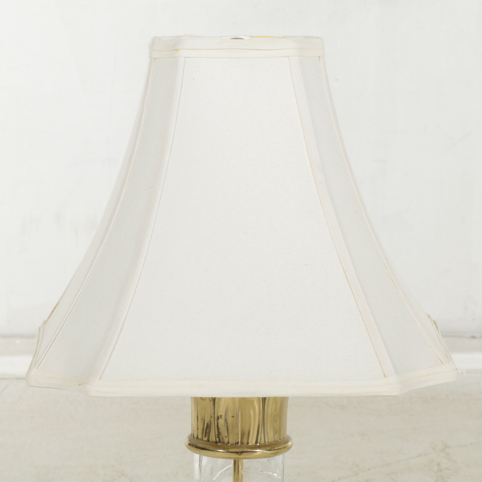 Pair of Etched Glass and Brass Table Lamps with Silk Shades, Late 20th Century