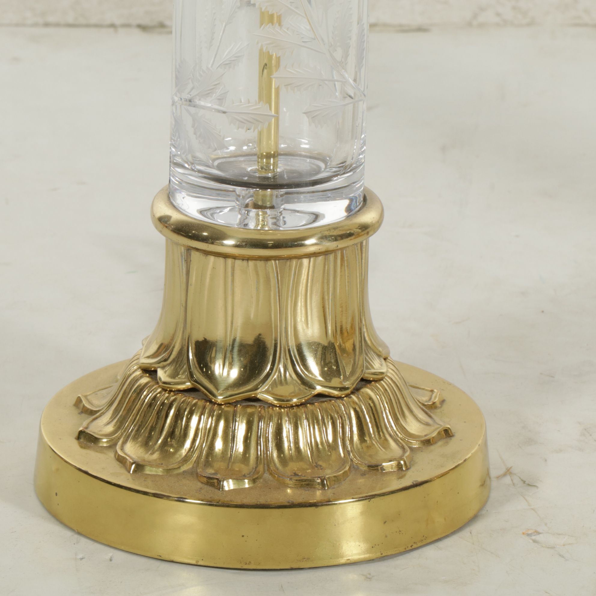 Pair of Etched Glass and Brass Table Lamps with Silk Shades, Late 20th Century
