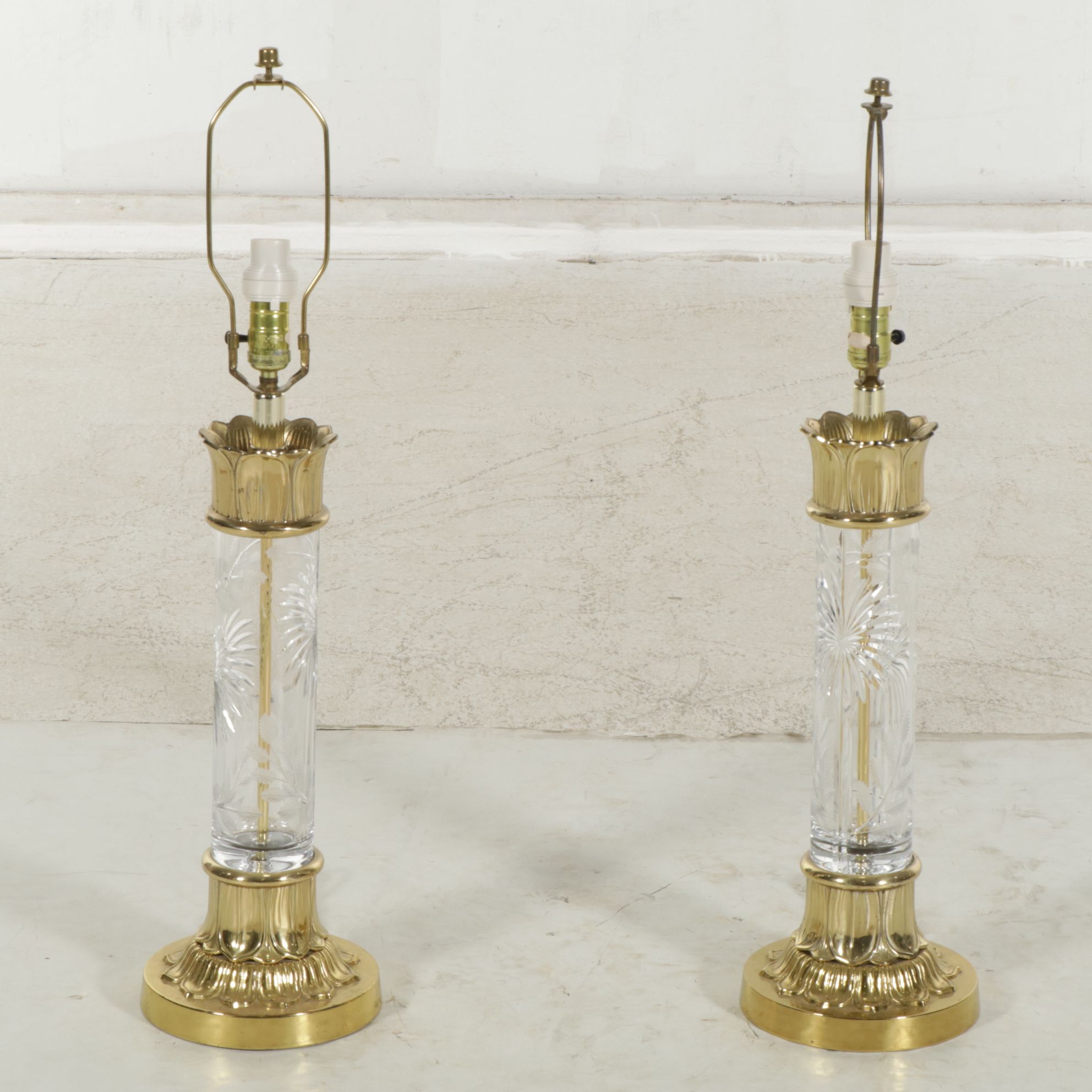 Pair of Etched Glass and Brass Table Lamps with Silk Shades, Late 20th Century