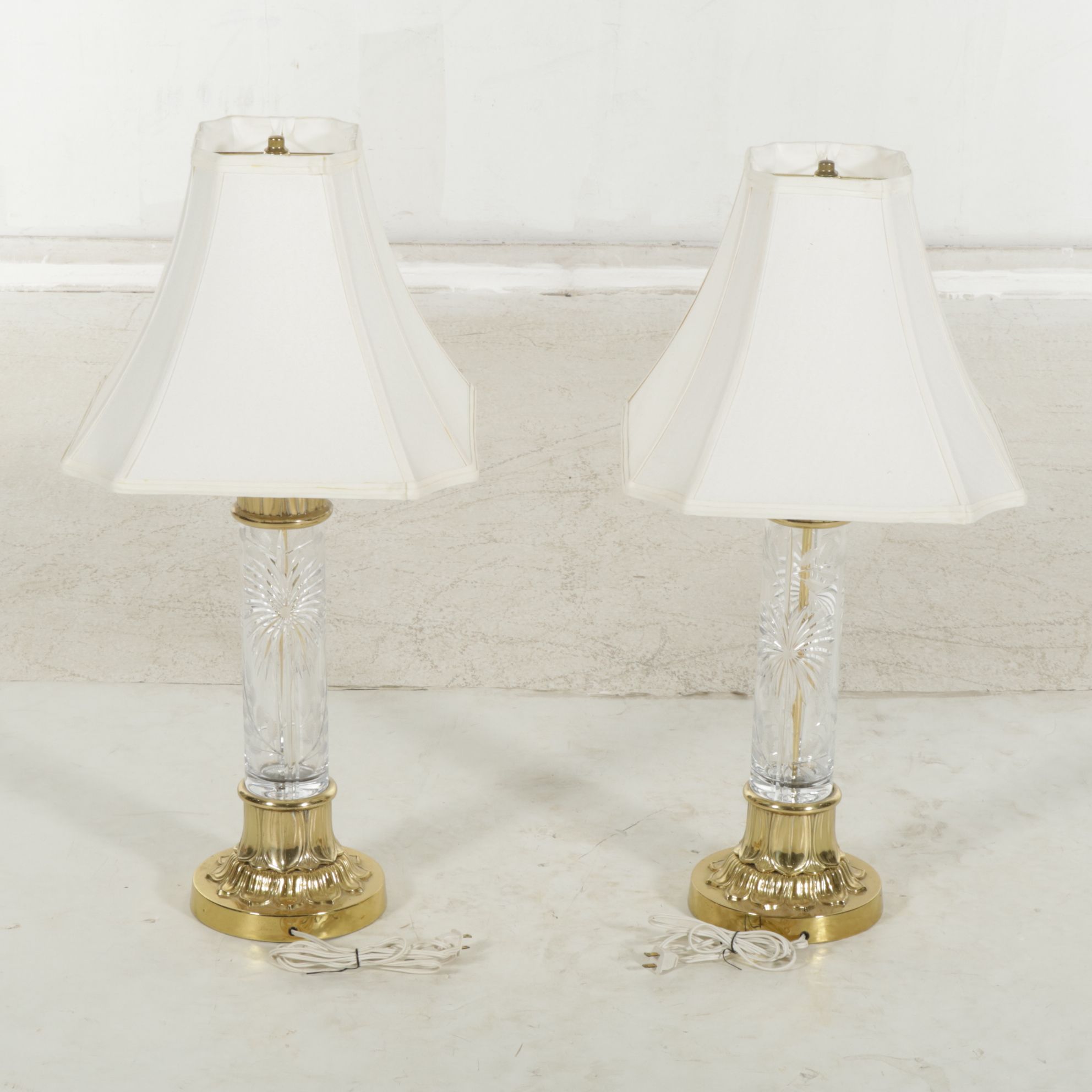 Pair of Etched Glass and Brass Table Lamps with Silk Shades, Late 20th Century