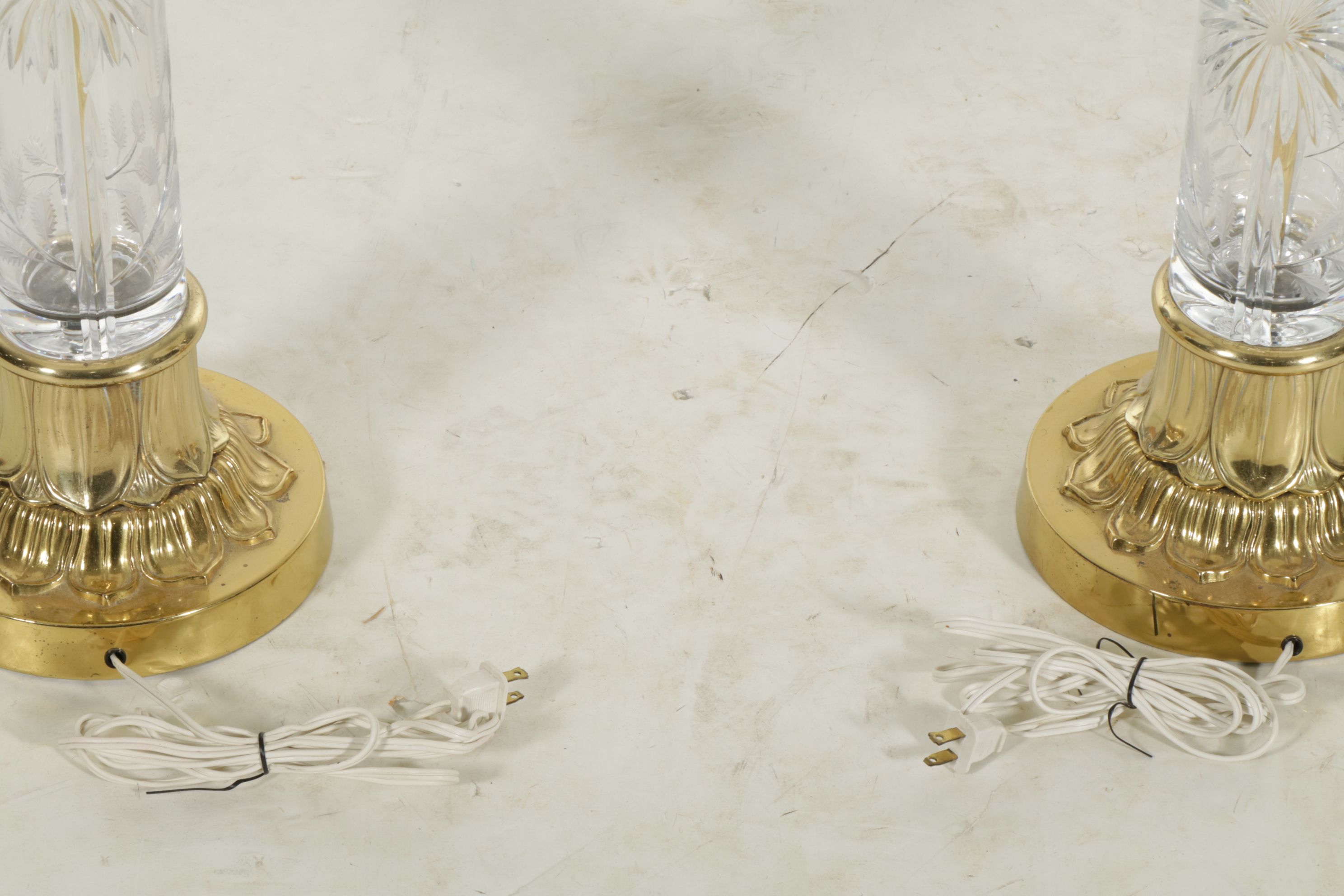Pair of Etched Glass and Brass Table Lamps with Silk Shades, Late 20th Century