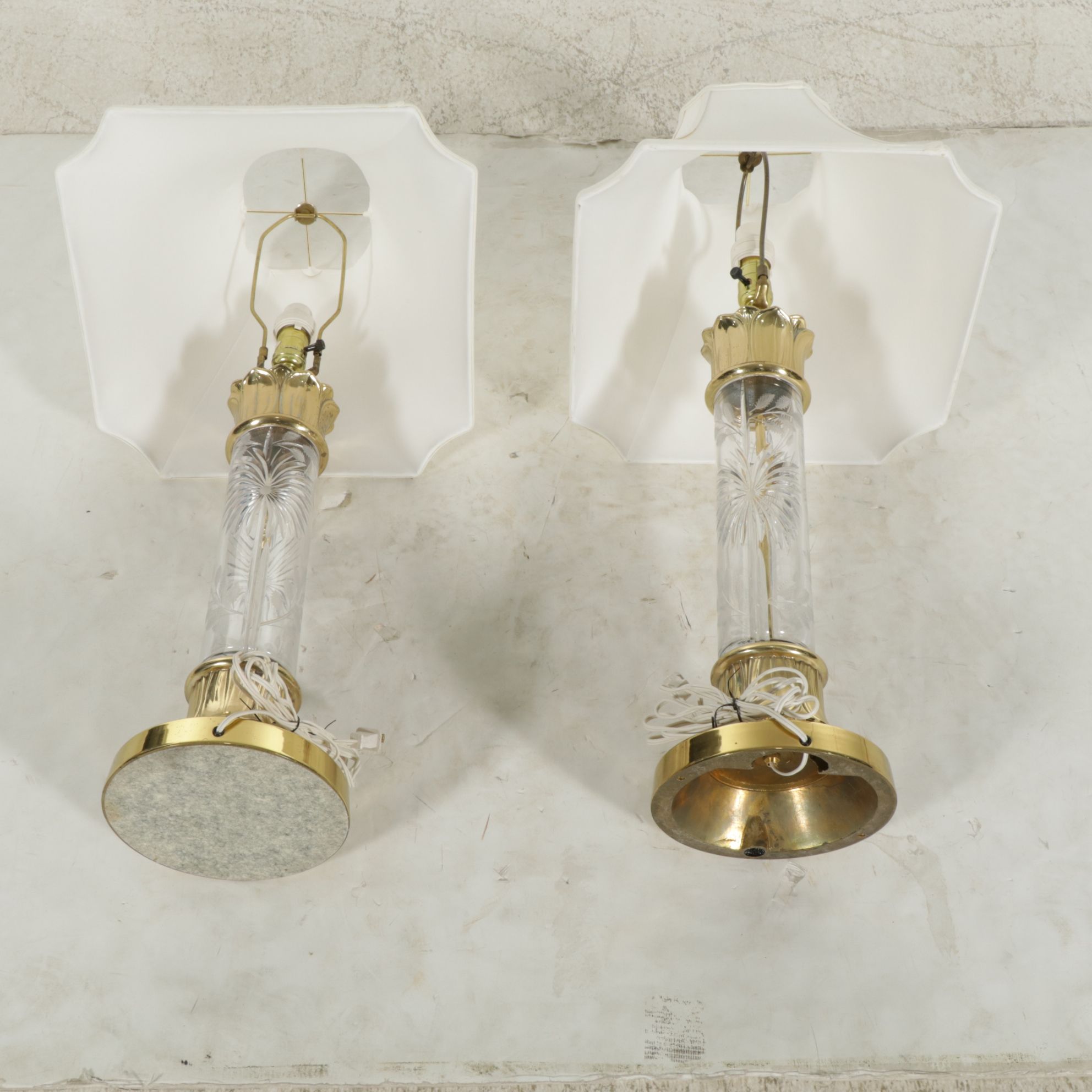 Pair of Etched Glass and Brass Table Lamps with Silk Shades, Late 20th Century