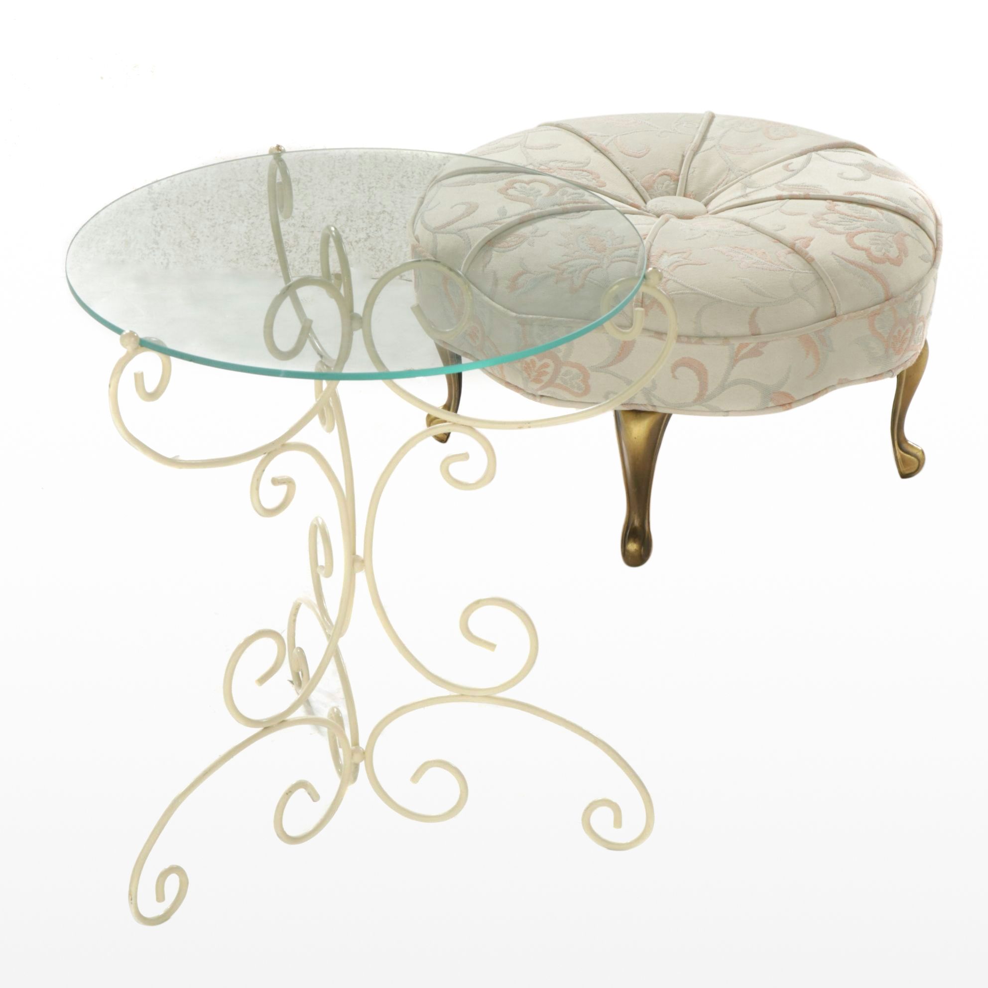 Creme Finish Scroll Side Table with Glass Top and Tufted Footstool Ottoman