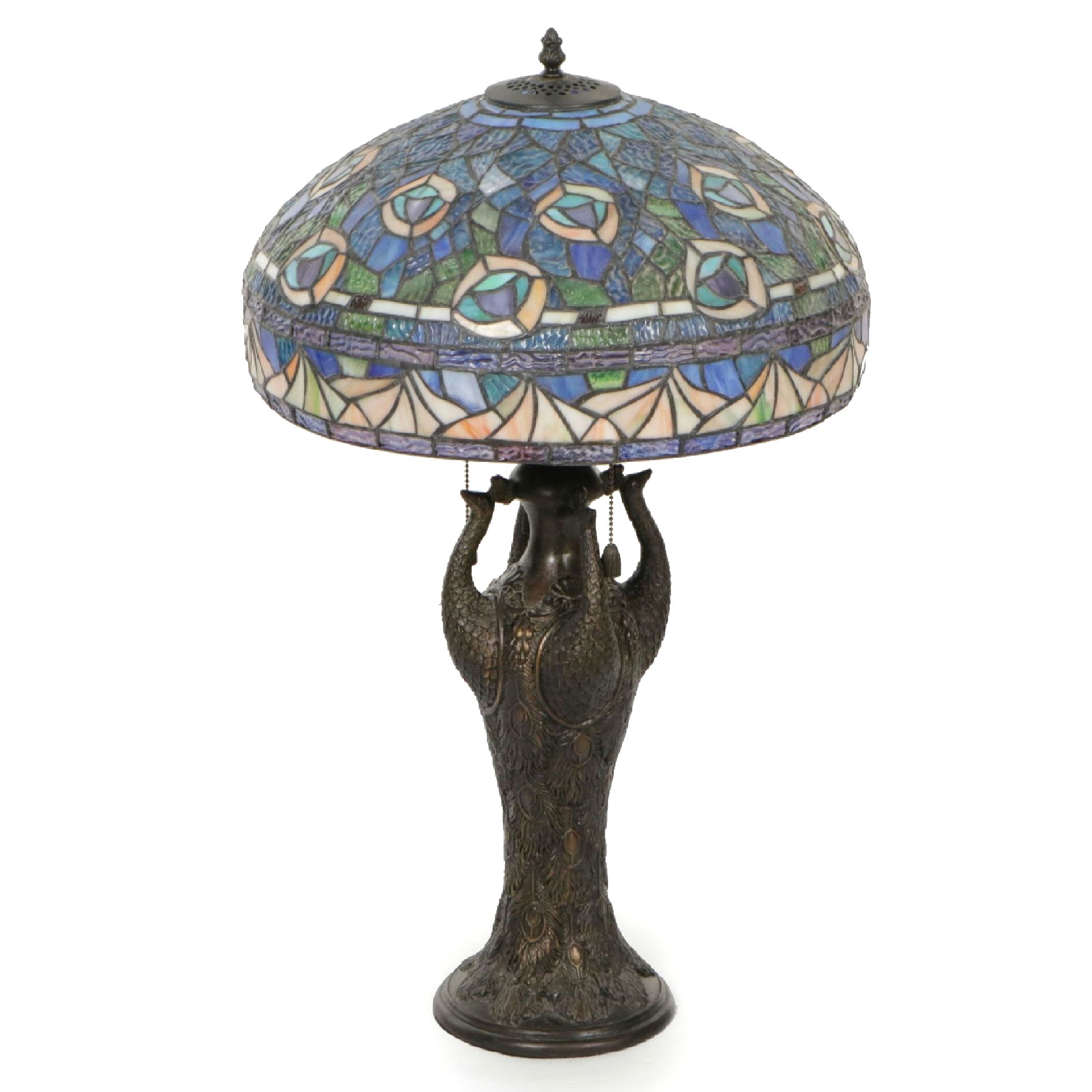 Peacock Figures Table Lamp with Slag Glass Feather Shade, Late 20th Century
