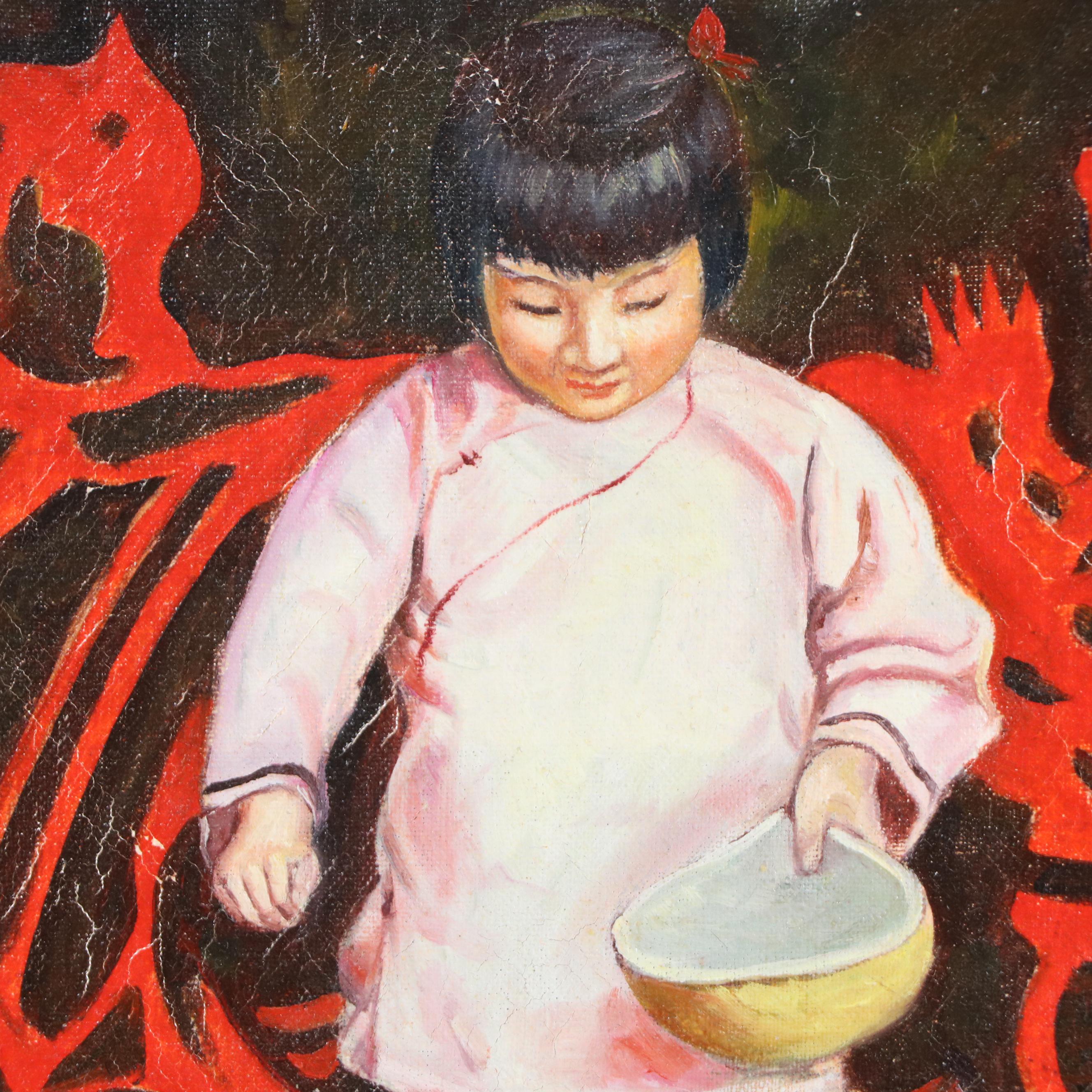 In the Style of Qin Dahu Oil Painting of Young Girl Feeding Chicks