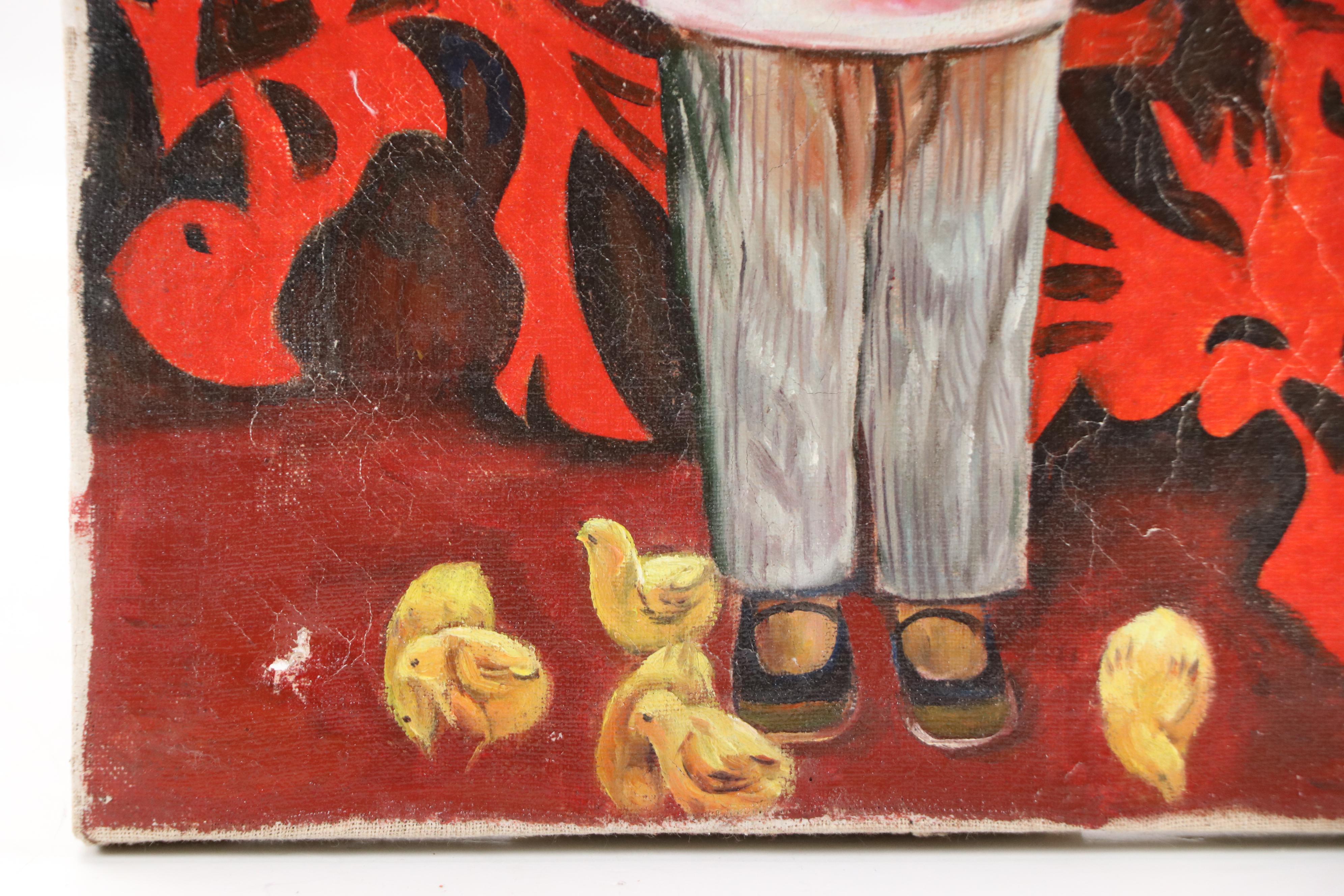 In the Style of Qin Dahu Oil Painting of Young Girl Feeding Chicks