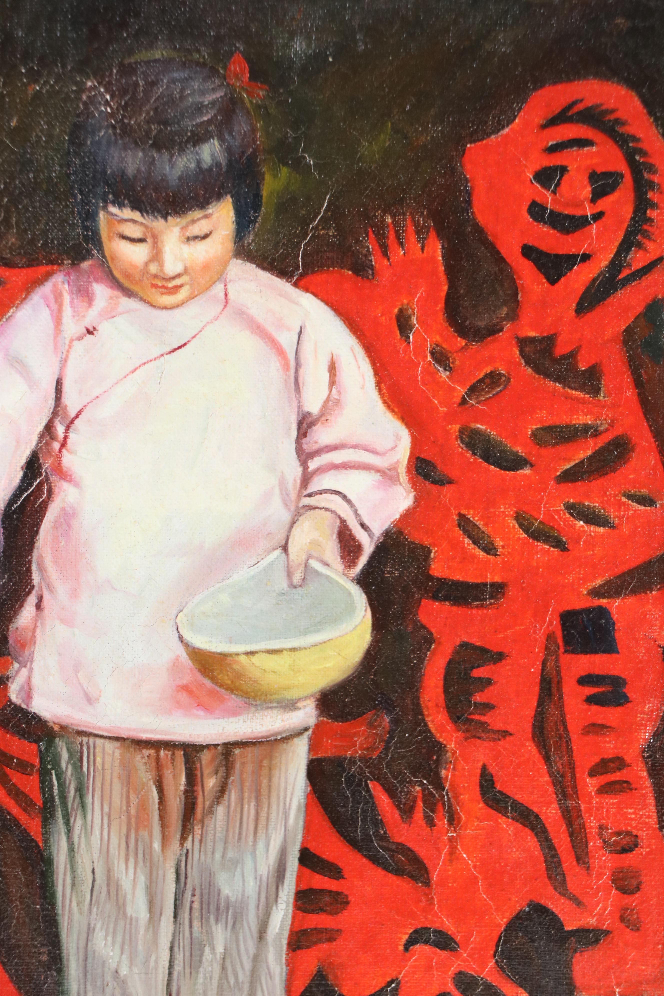 In the Style of Qin Dahu Oil Painting of Young Girl Feeding Chicks