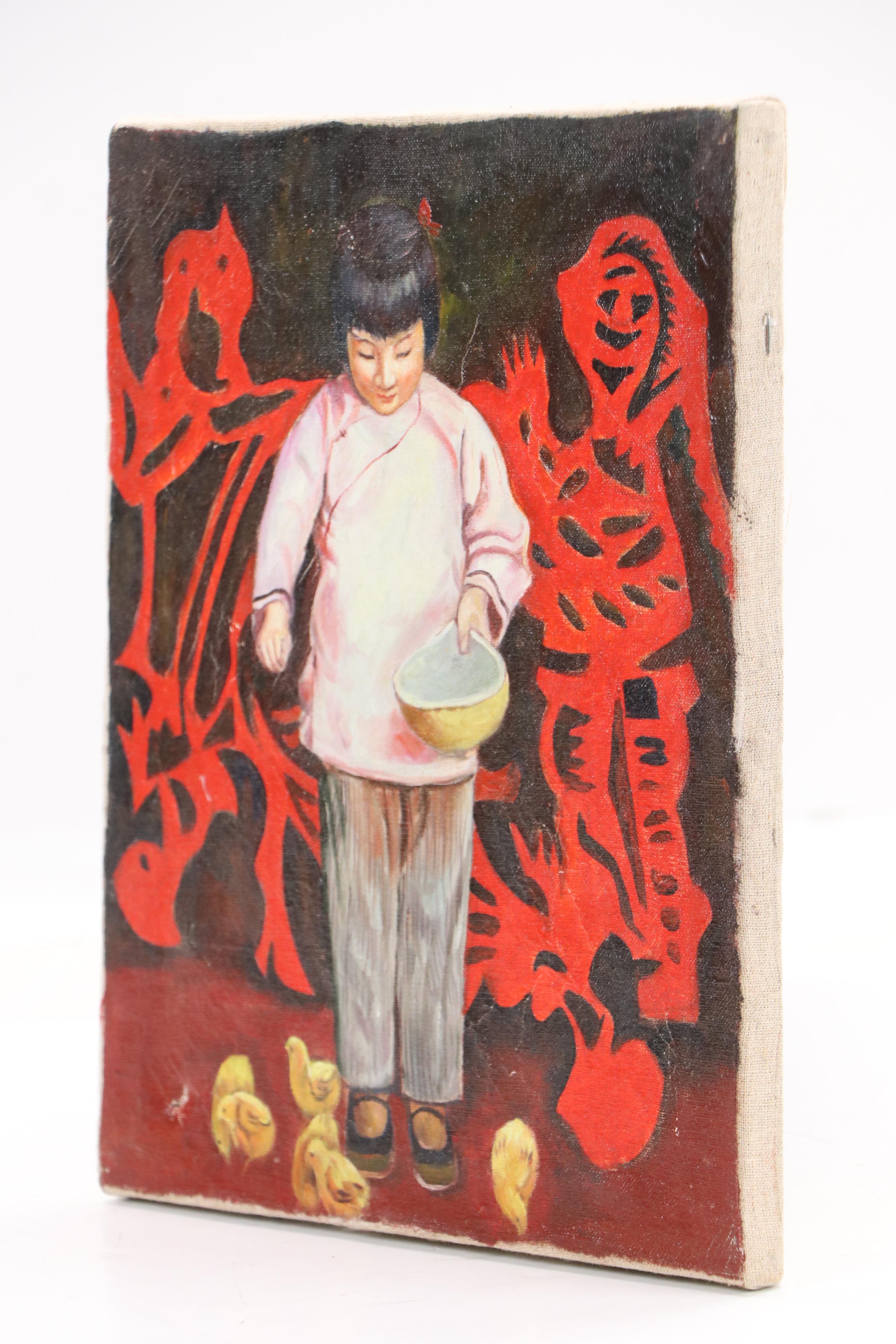 In the Style of Qin Dahu Oil Painting of Young Girl Feeding Chicks